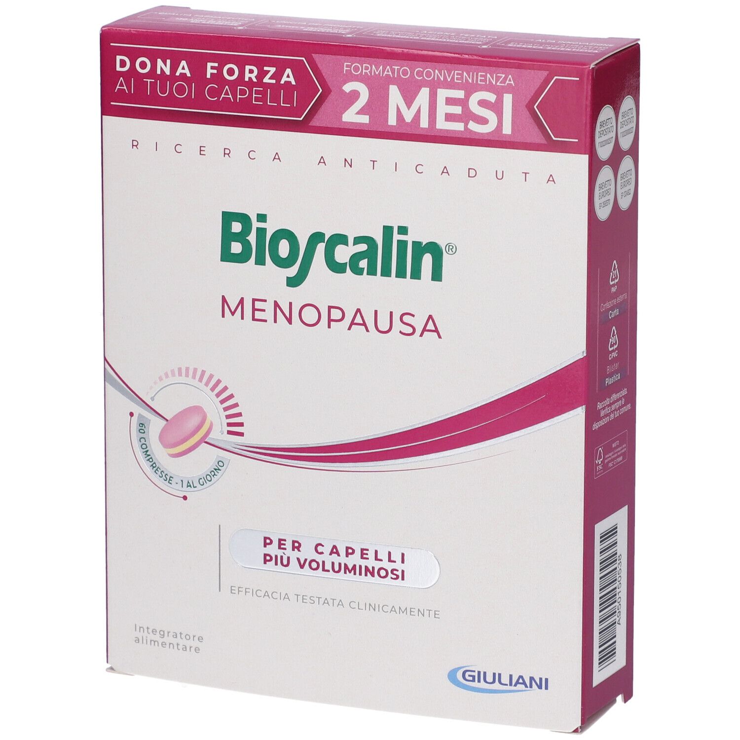 Confezione del prodotto, rosa e bianca. Contiene nome del prodotto e testo. Confezione da 2 mesi.