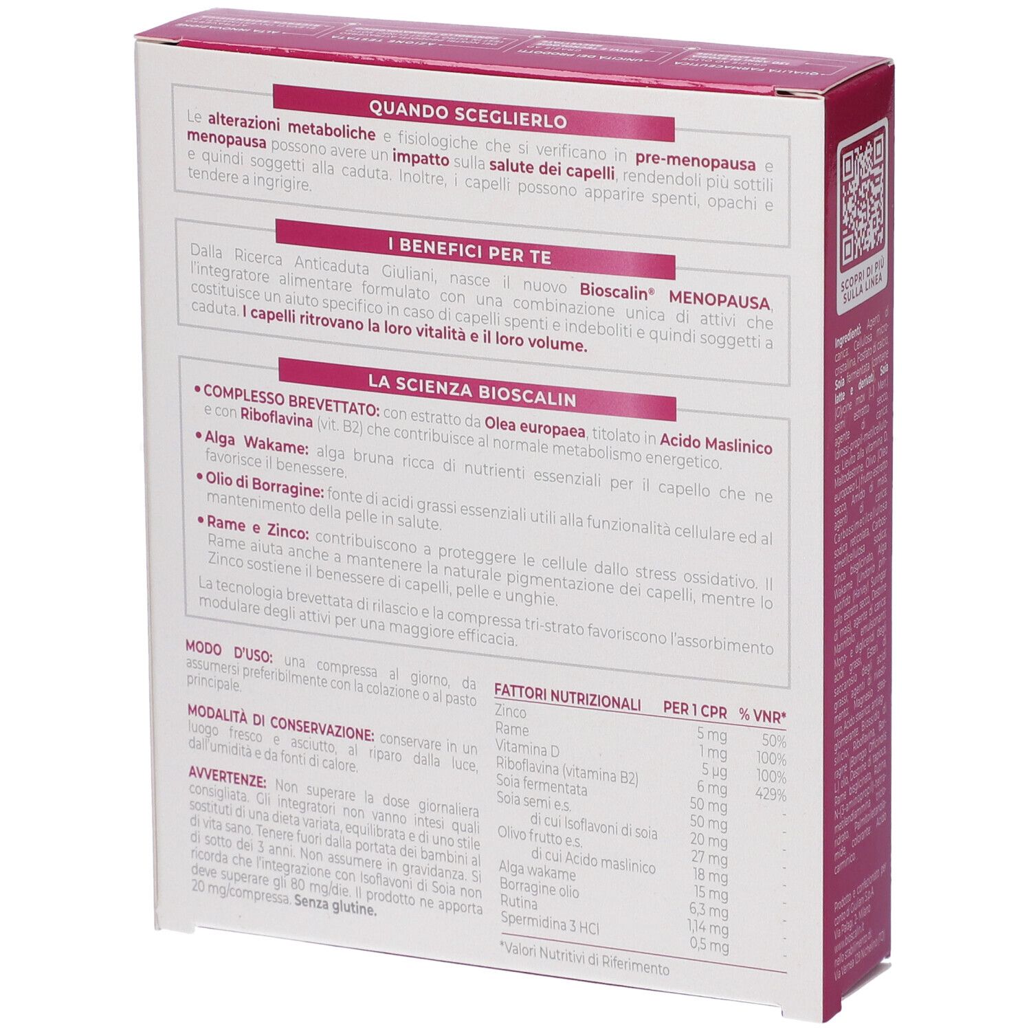 Retro della confezione del prodotto. Contiene testo e informazioni nutrizionali. Rosa e bianco.