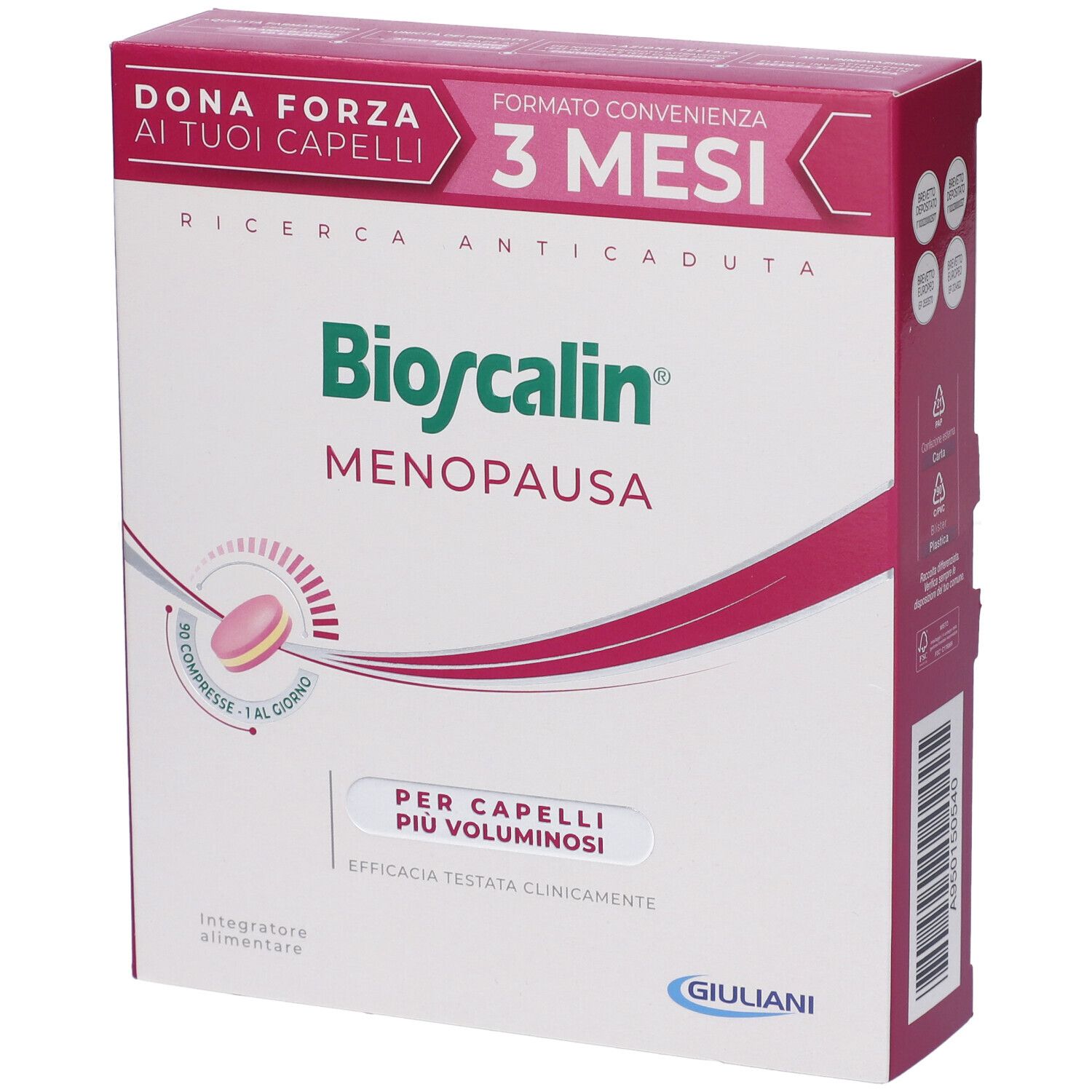 Confezione del prodotto, vista frontale. Rosa e bianco. Testo: 'Bioscalin Menopausa'.