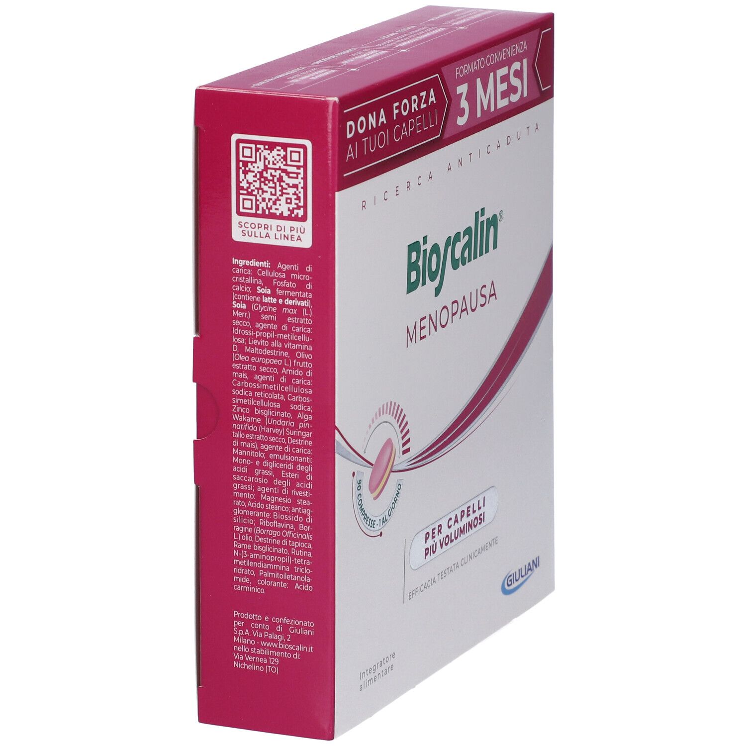 Confezione del prodotto, vista laterale. Rosa e bianco. Testo: 'Bioscalin Menopausa'.