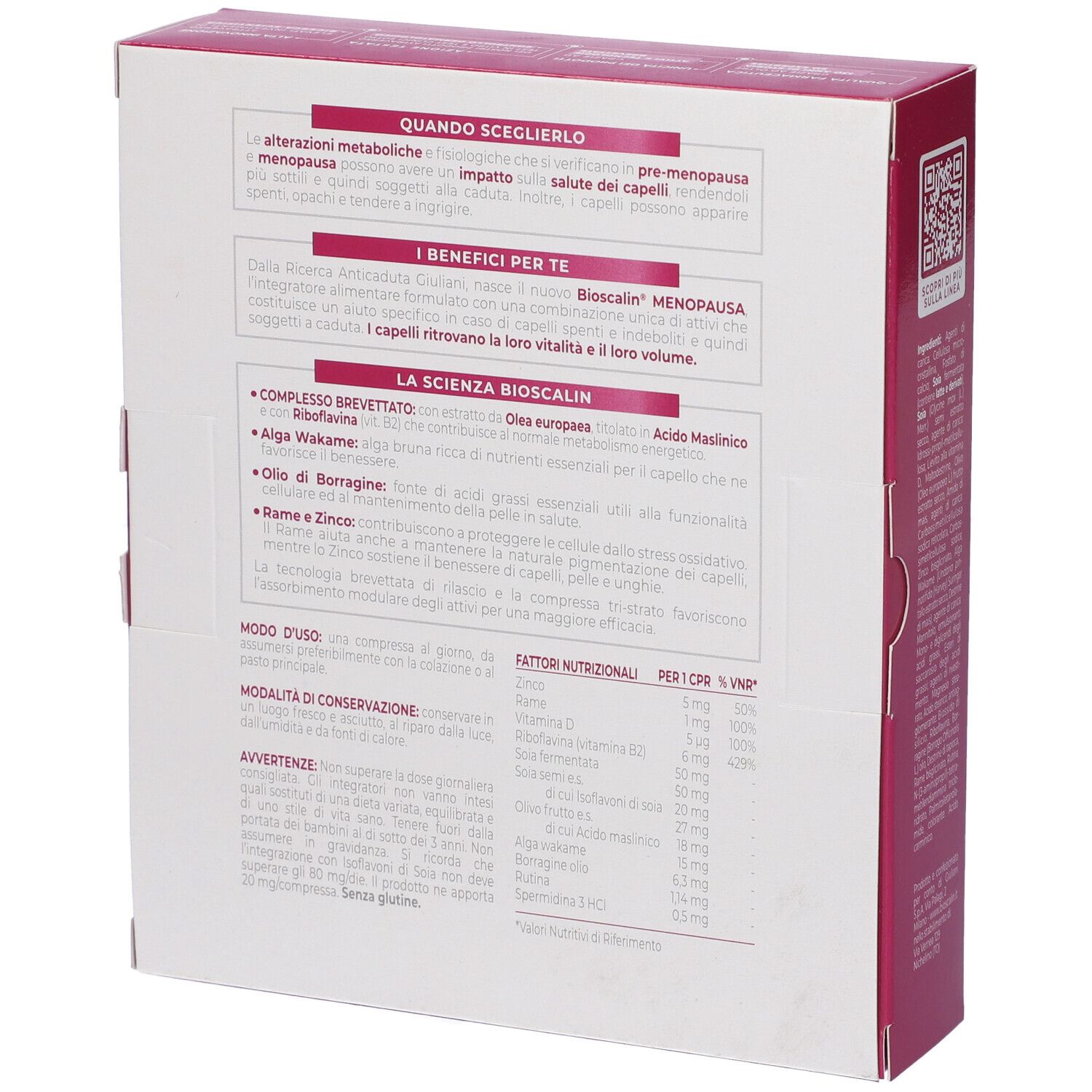 Confezione del prodotto, retro. Informazioni testuali e tabella nutrizionale. Rosa e bianco.