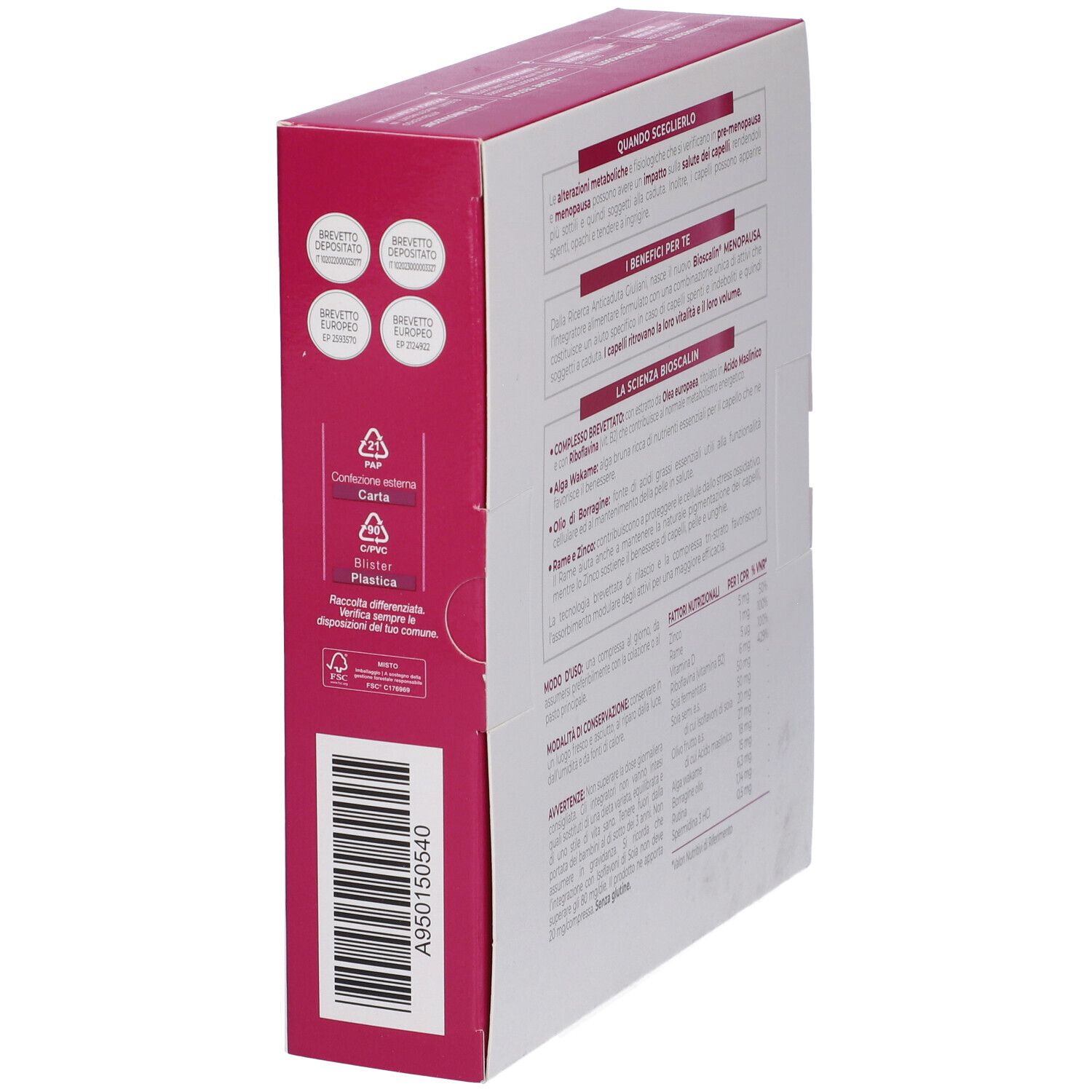 Confezione del prodotto, retro. Testo e codice QR. Rosa e bianco.