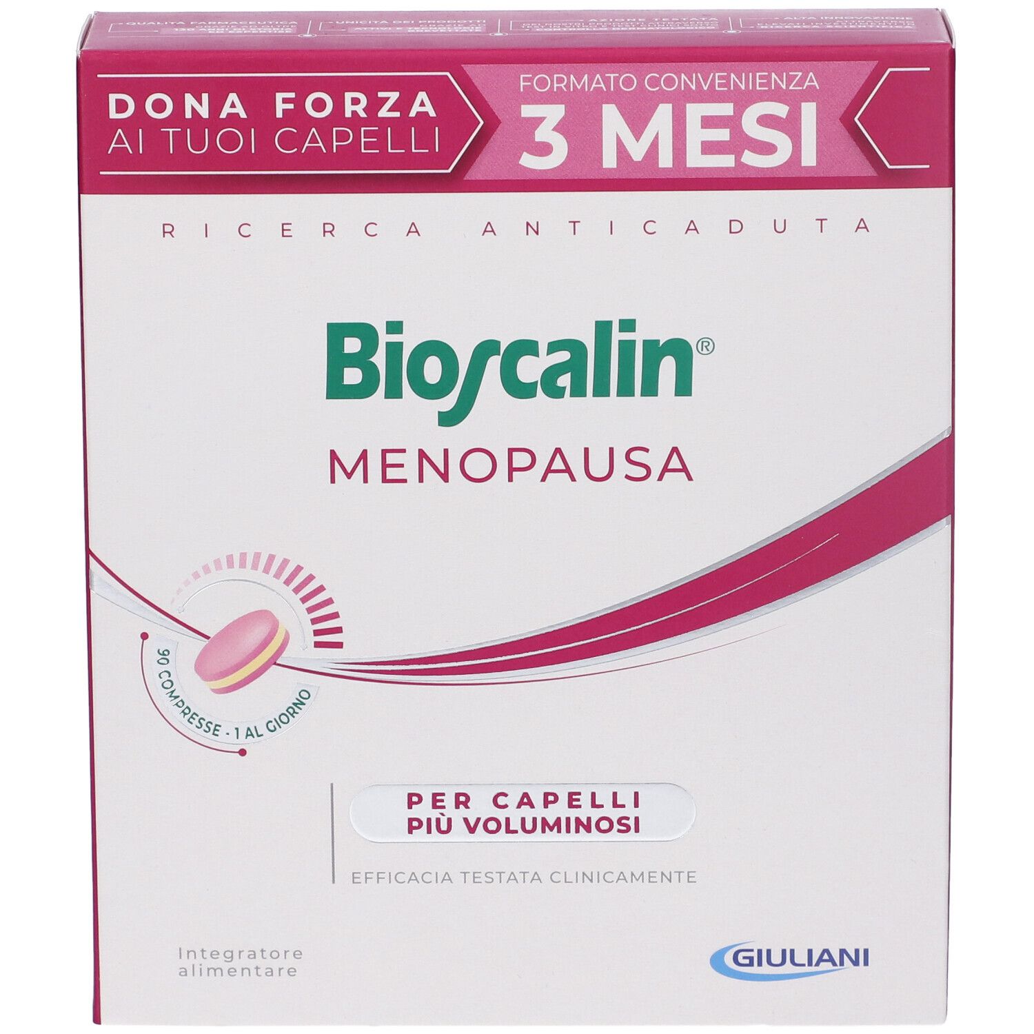 Confezione del prodotto, vista frontale. Rosa e bianco. Testo: 'Bioscalin Menopausa'.