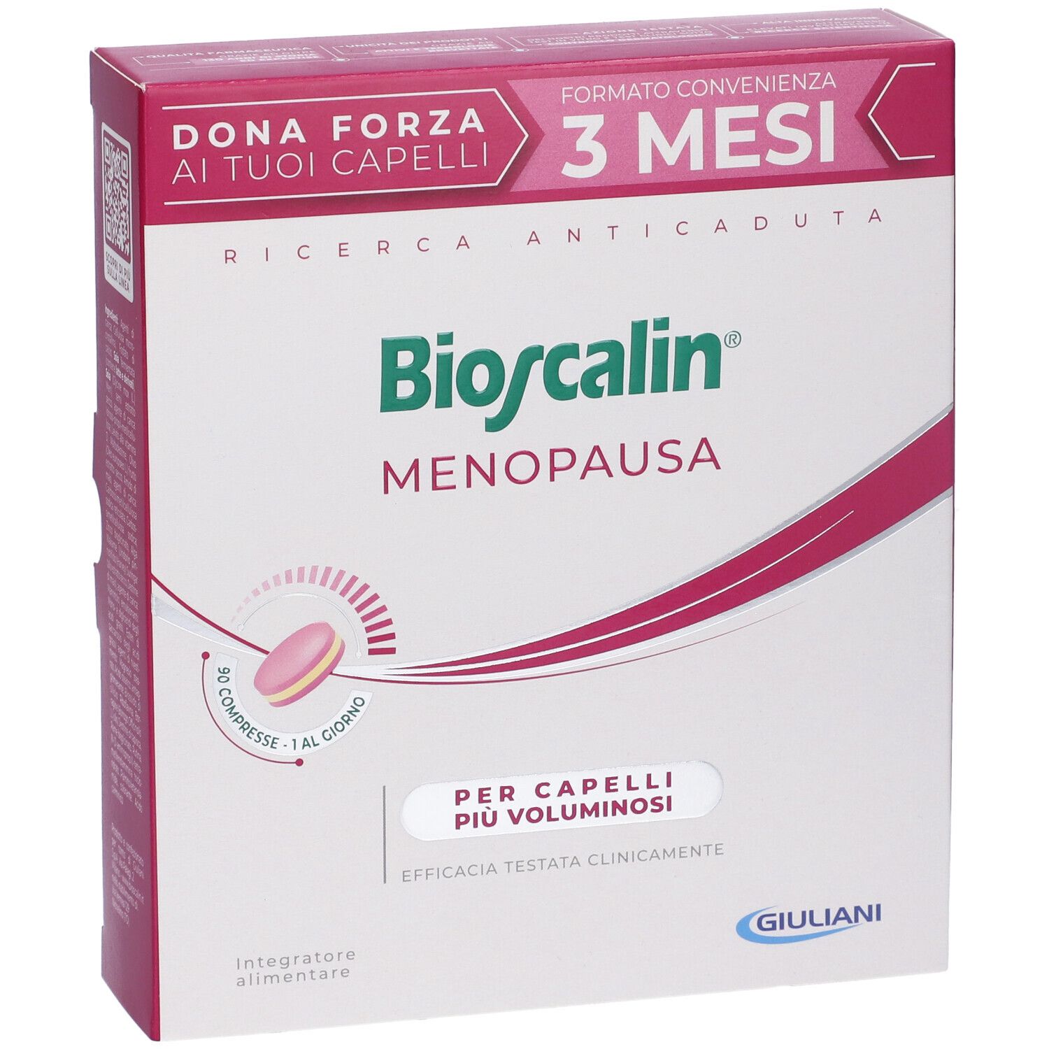 Confezione del prodotto, vista frontale. Rosa e bianco. Testo: 'Bioscalin Menopausa'.