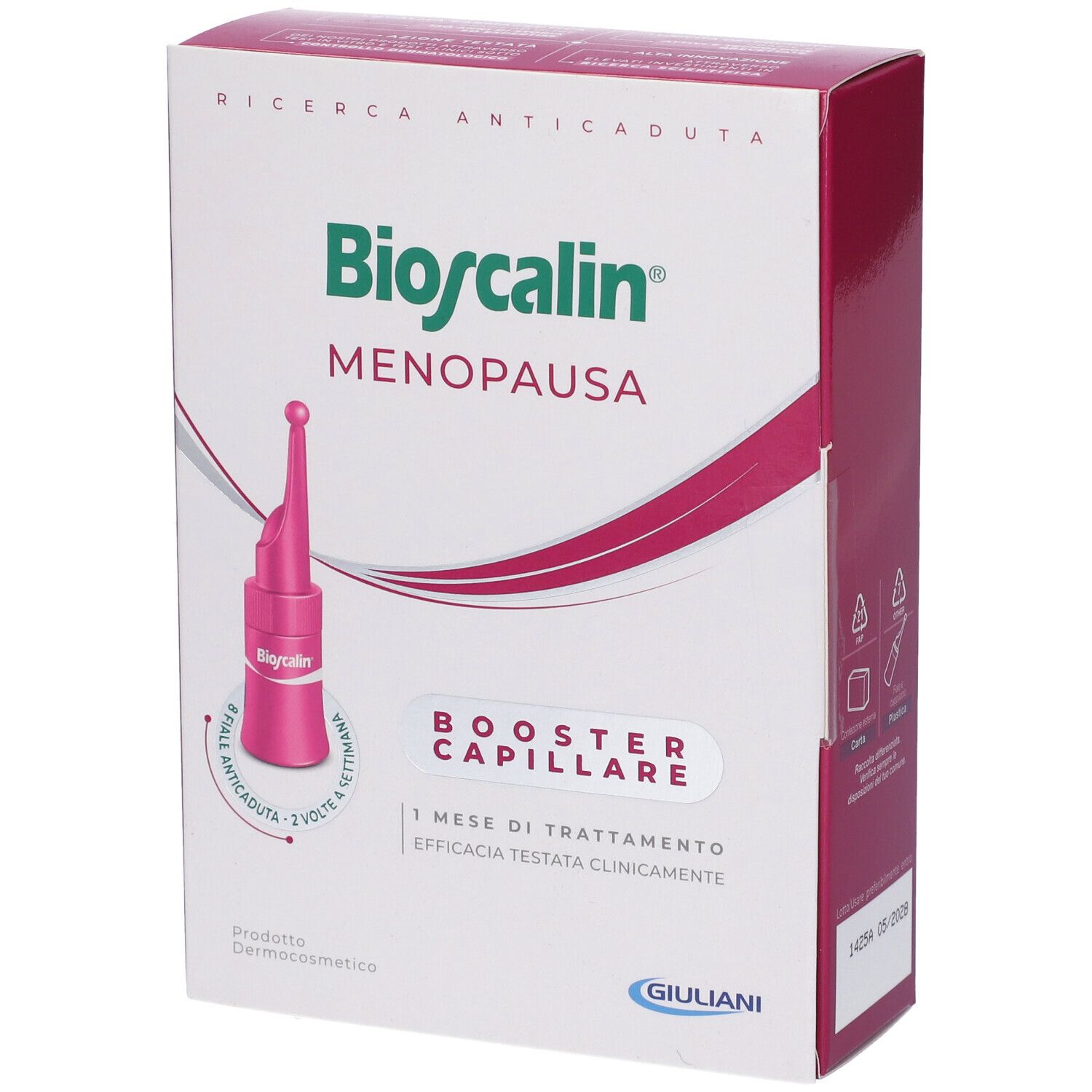 Confezione Bioscalin Menopausa. Contiene una fiala. Scritta: Booster Capillare, 1 mese di trattamento. Logo Giuliani.