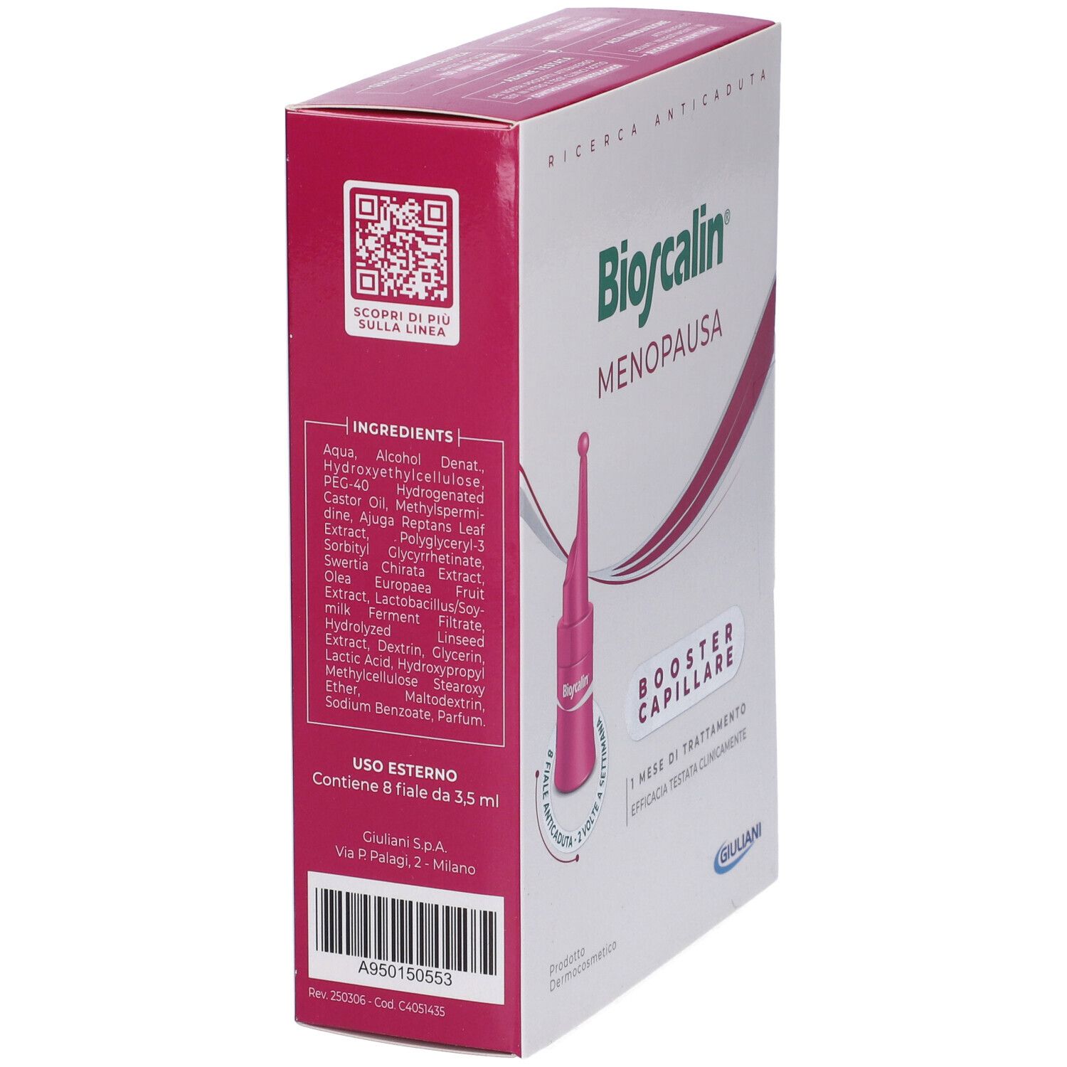 Retro della confezione Bioscalin Menopausa. Contiene ingredienti e istruzioni per l'uso. Codice QR e logo Giuliani.