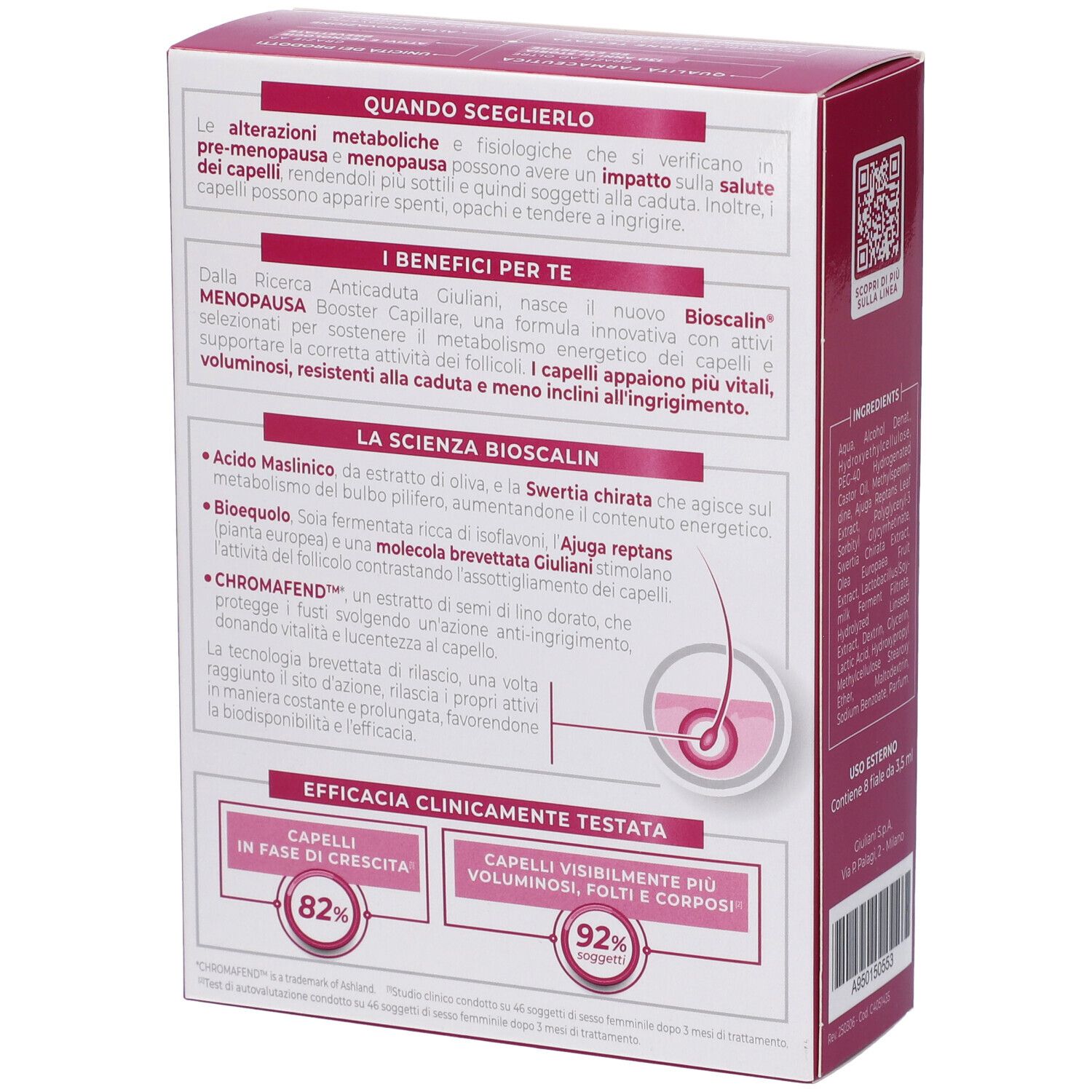 Retro della confezione Bioscalin Menopausa. Testo su benefici, ingredienti ed efficacia clinica. Grafici con percentuali.