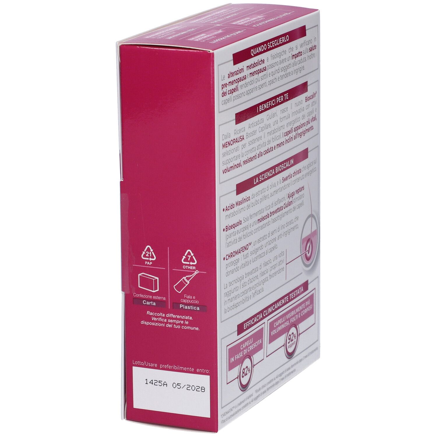 Lato della confezione Bioscalin Menopausa. Contiene informazioni sul riciclaggio e la durata. Logo Giuliani.