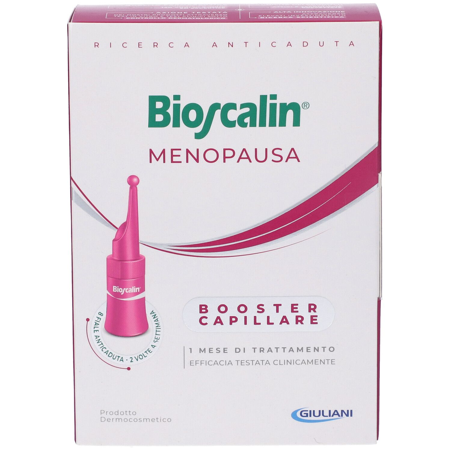 Confezione Bioscalin Menopausa. Contiene una fiala. Scritta: Booster Capillare, 1 mese di trattamento. Logo Giuliani.