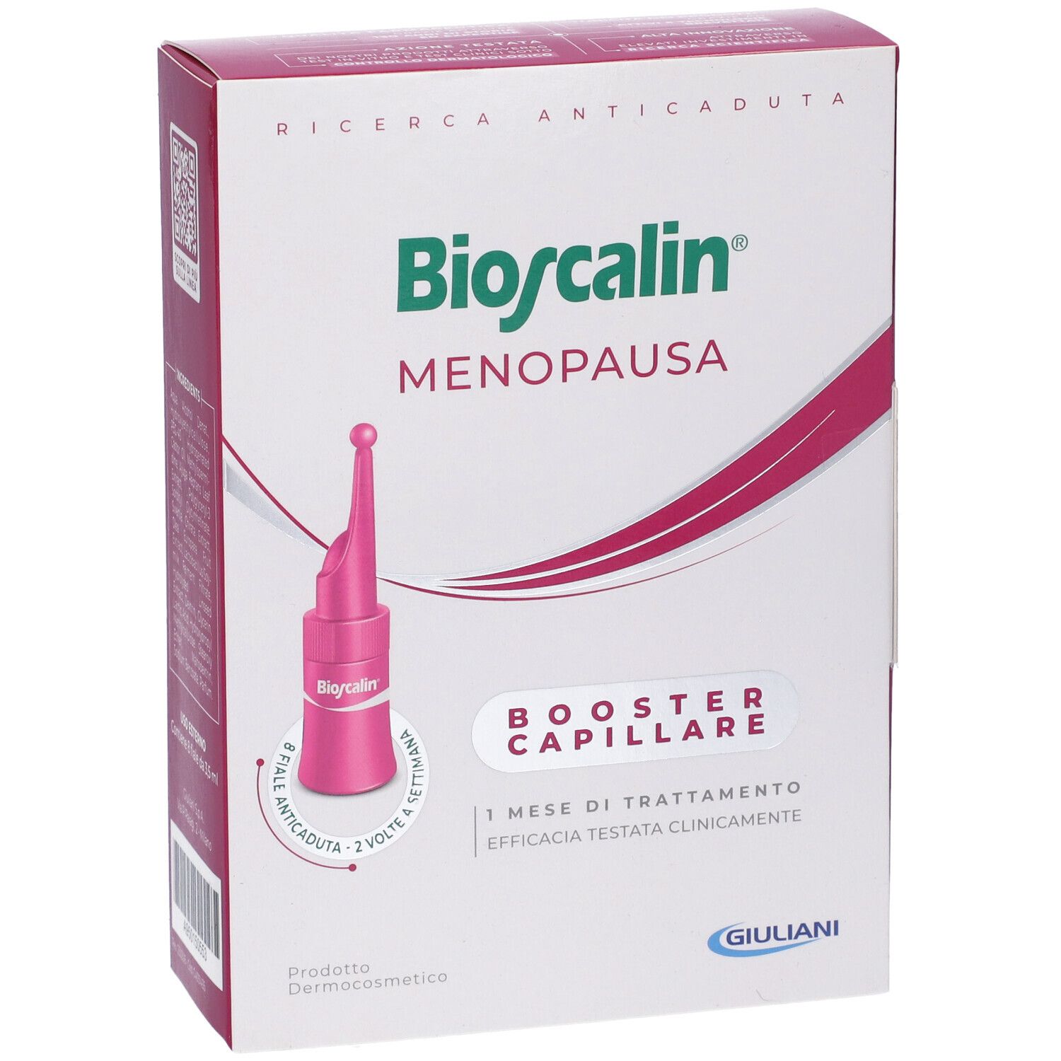 Confezione Bioscalin Menopausa. Contiene una fiala. Scritta: Booster Capillare, 1 mese di trattamento. Logo Giuliani.