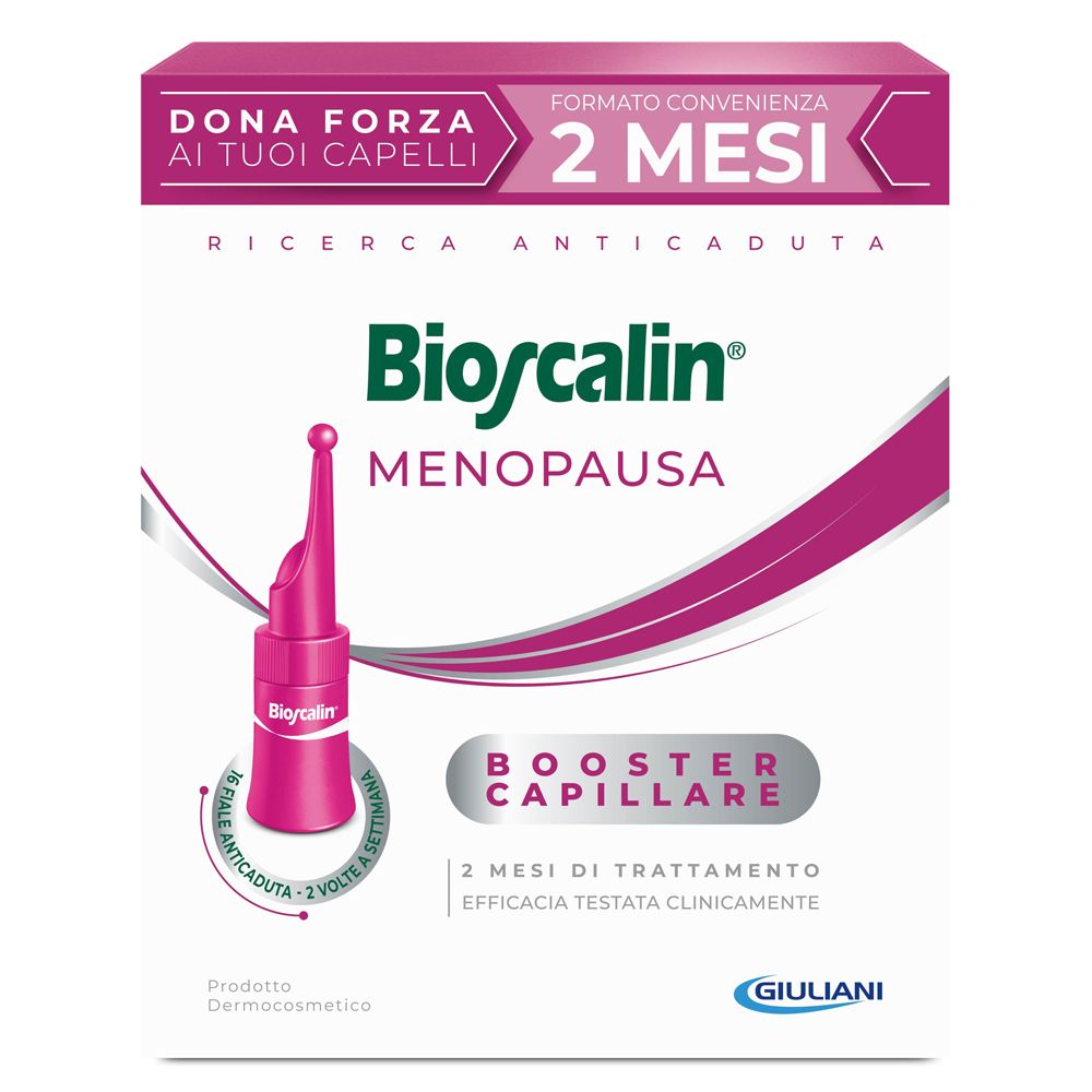 Confezione di Bioscalin Menopausa. Contiene una fiala. Testo: Dona Forza ai tuoi Capelli, 2 mesi, Ricerca Anticaduta, Booster Capillare.