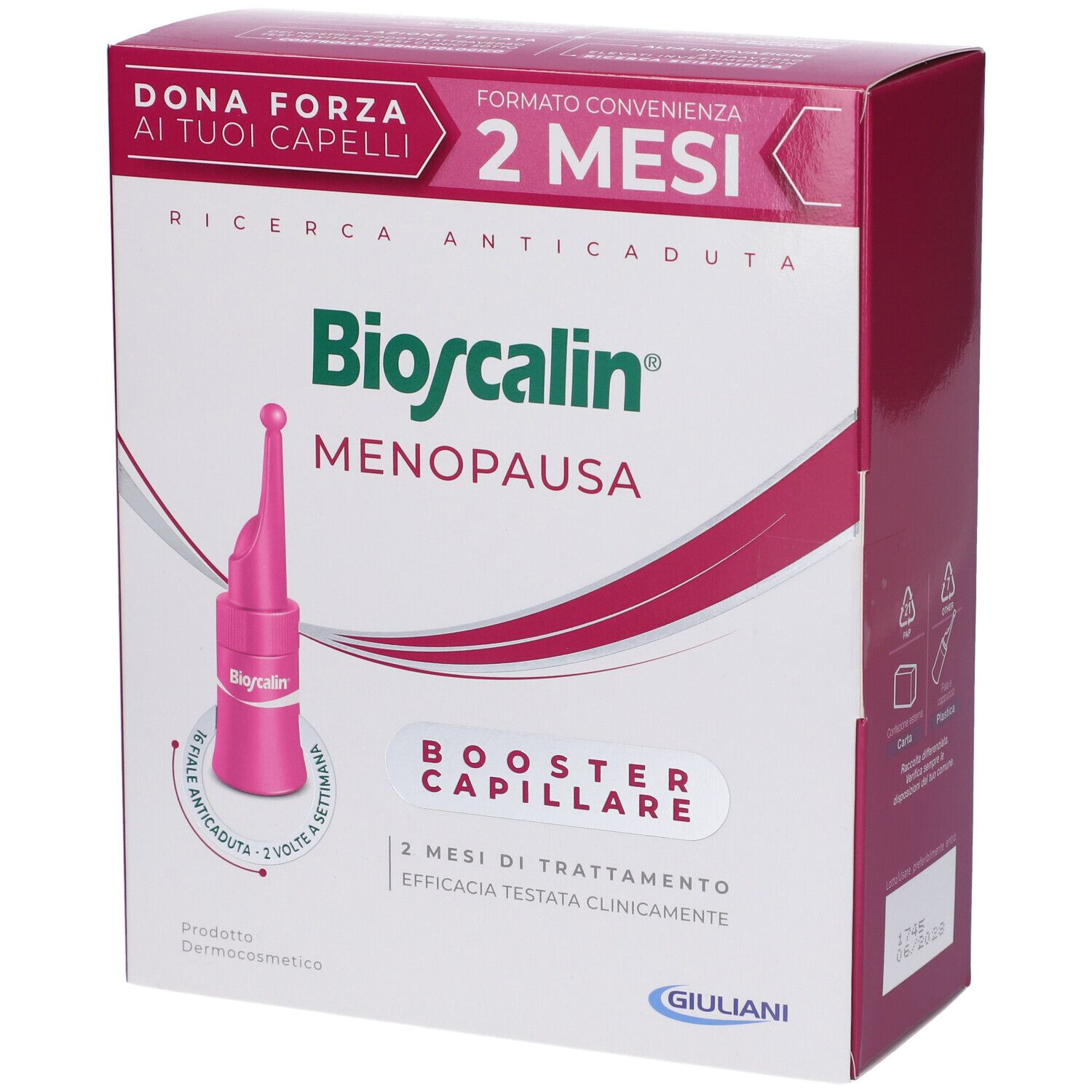 Confezione di Bioscalin Menopausa. Vista frontale. Testo: Dona Forza ai tuoi Capelli, 2 mesi, Ricerca Anticaduta, Booster Capillare.
