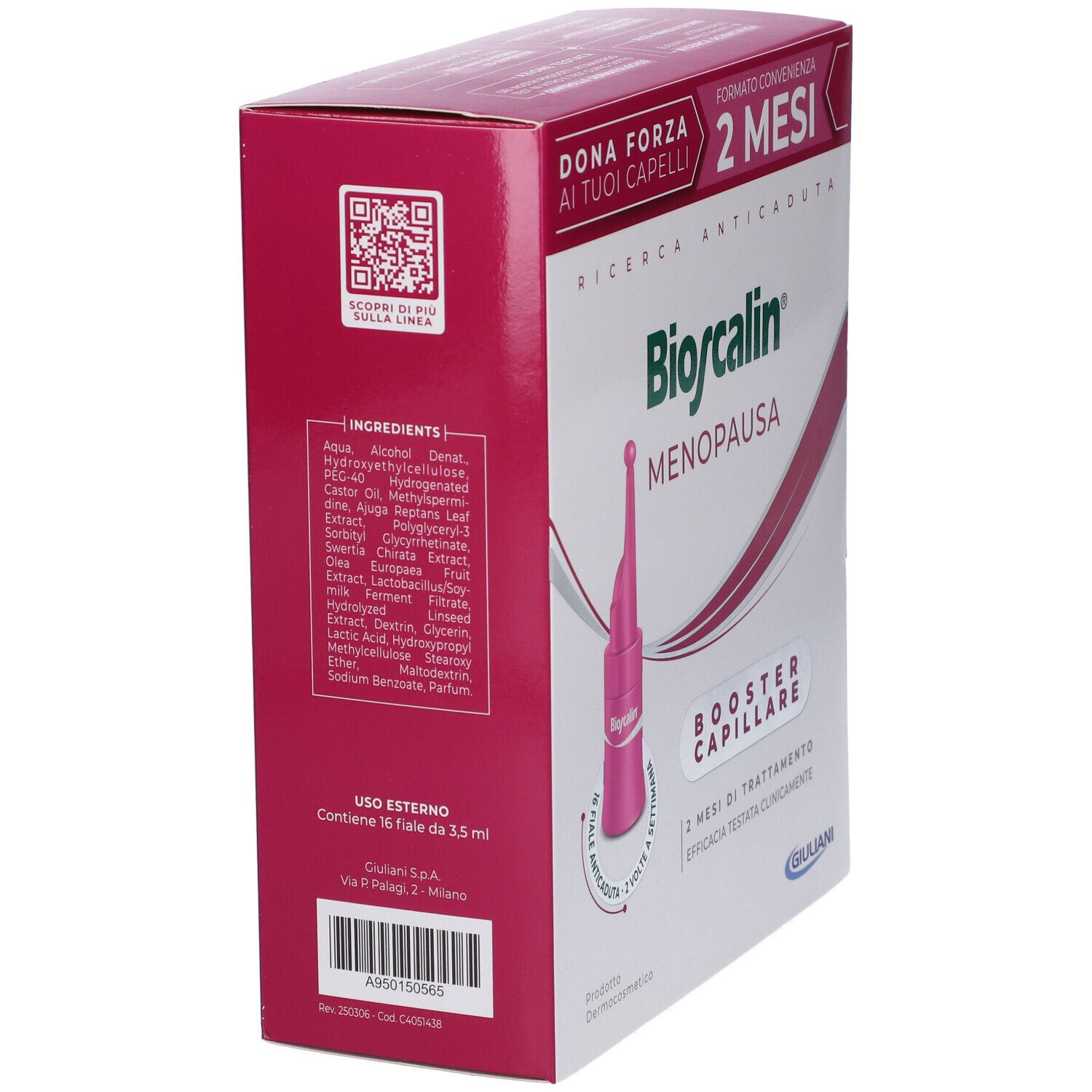 Confezione di Bioscalin Menopausa. Vista laterale. Testo: Ingredienti, Uso Esterno, 30 fiale da 3,5 ml.
