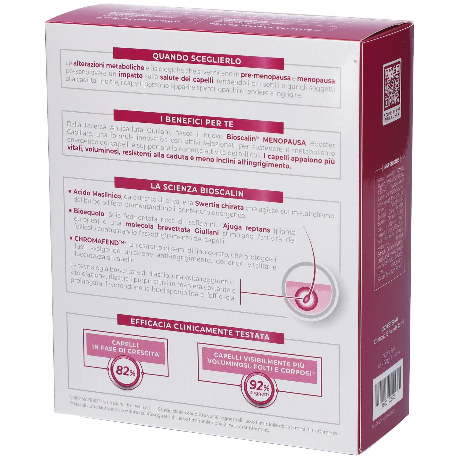 Confezione di Bioscalin Menopausa. Vista posteriore. Testo: Quando scegliere, I benefici per te, La scienza Bioscalin.