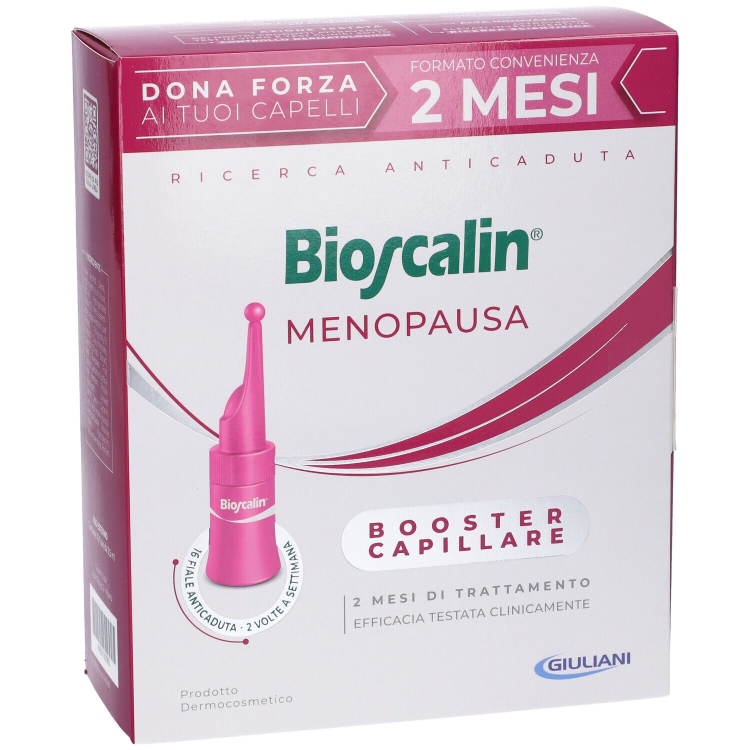 Confezione di Bioscalin Menopausa. Vista frontale. Testo: Dona Forza ai tuoi Capelli, 2 mesi, Ricerca Anticaduta, Booster Capillare.