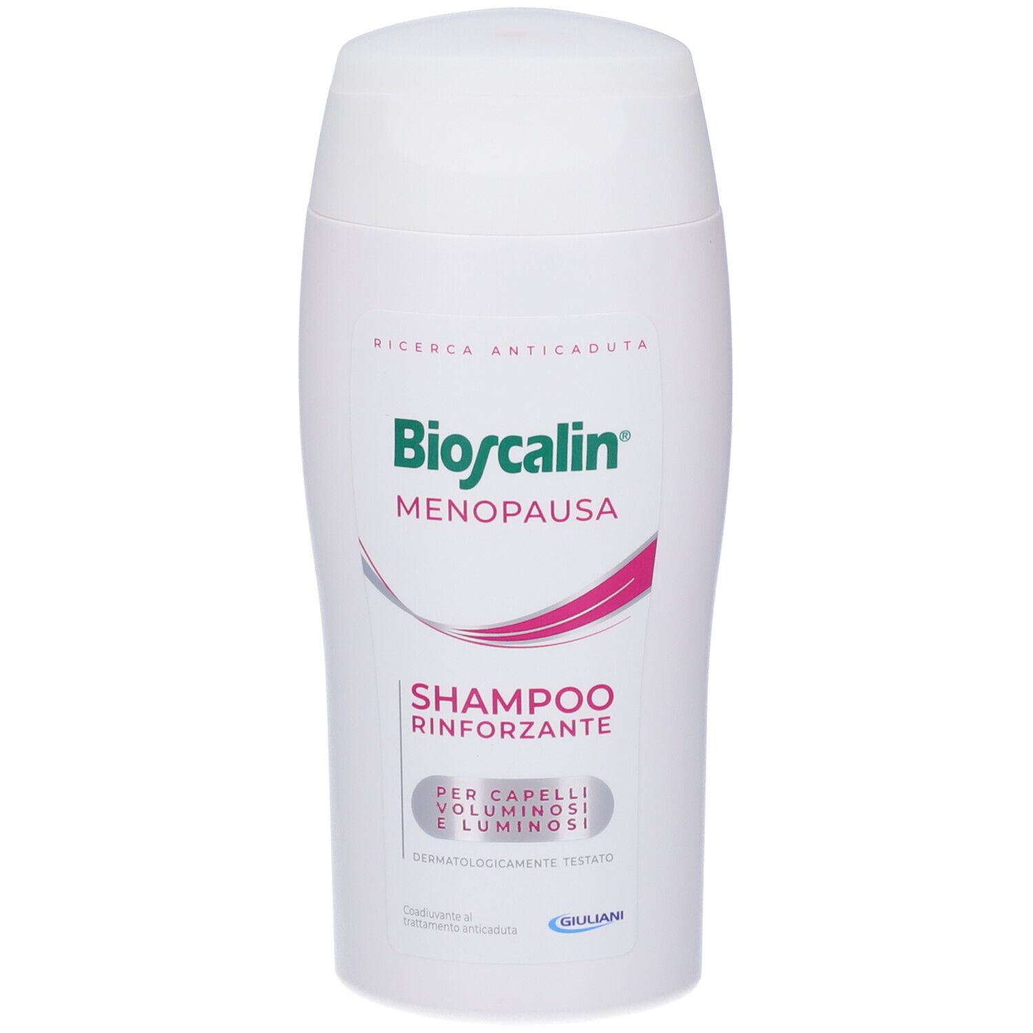 Flacone bianco di shampoo Bioscalin Menopausa. Scritte verdi e rosa. Testato dermatologicamente. Forma ovale.