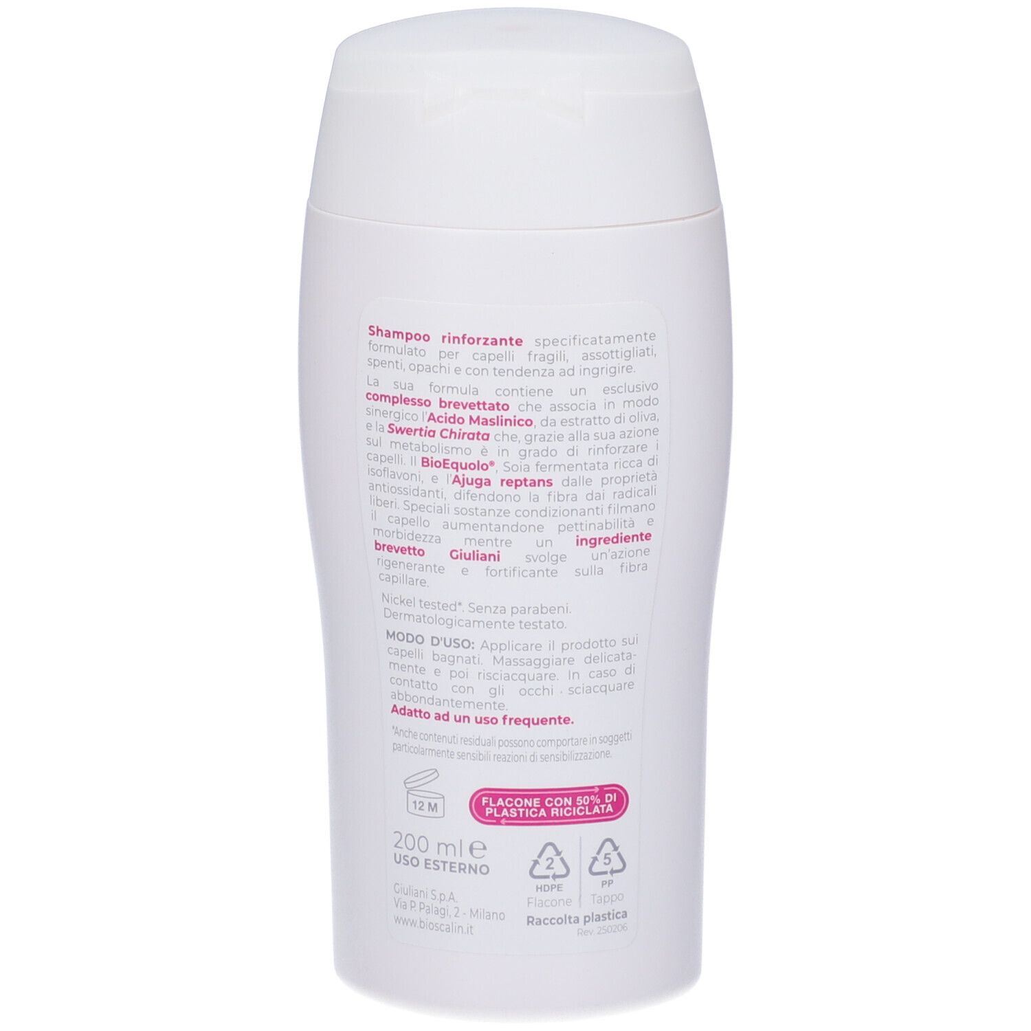 Retro del flacone di shampoo. Testo: ingredienti, modo d'uso, 200 ml. Simboli di riciclaggio.