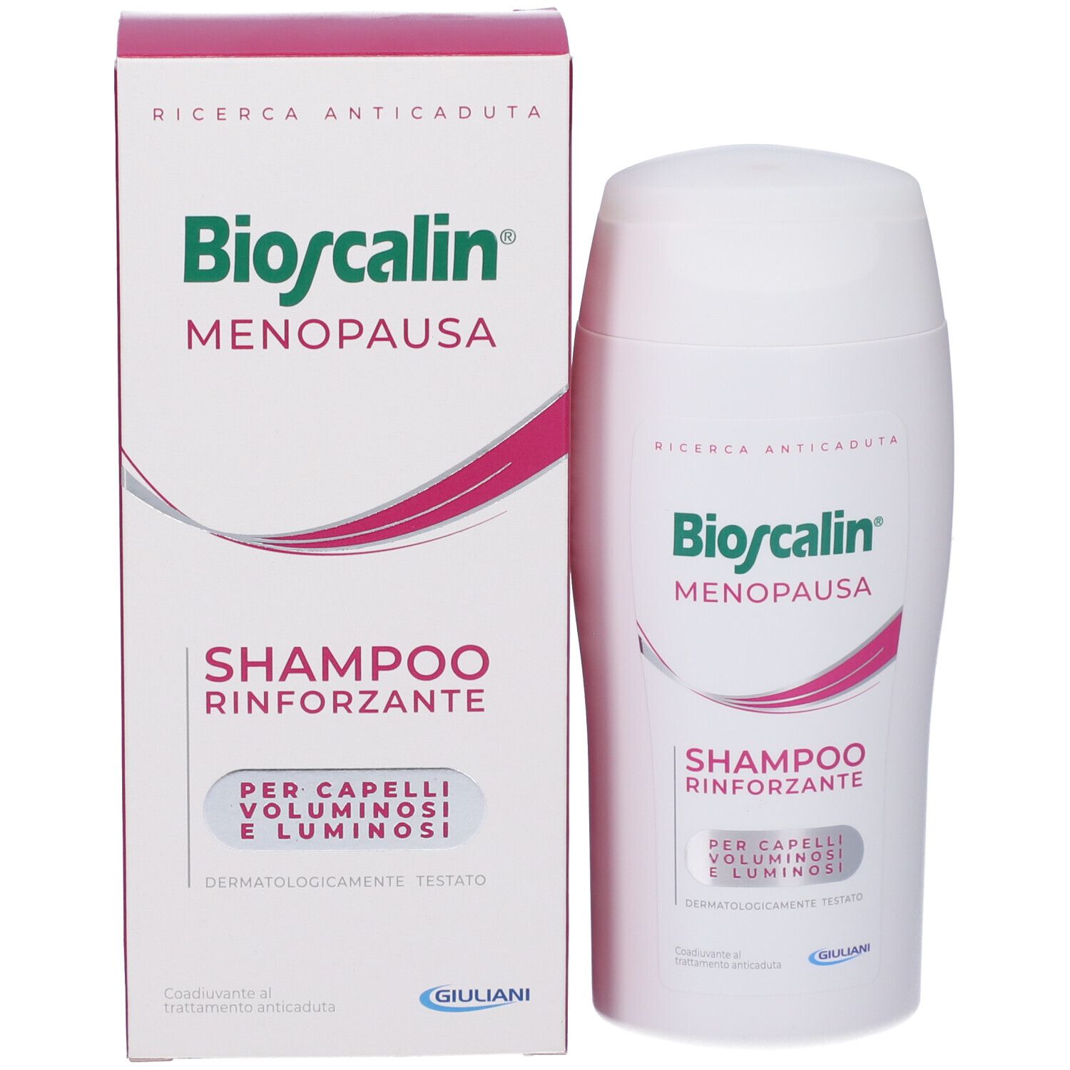 Shampoo Bioscalin Menopausa e confezione. Flacone e scatola. Testo: Shampoo Rinforzante. Testato dermatologicamente.