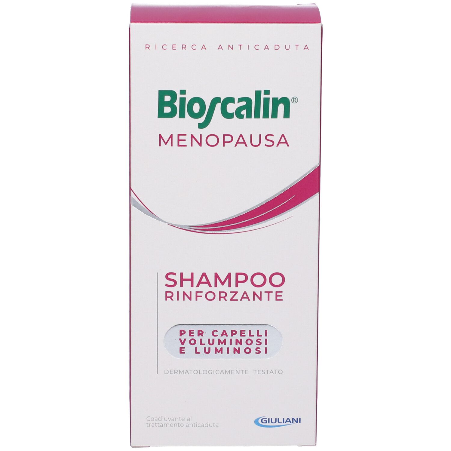 Confezione di shampoo Bioscalin Menopausa. Testo: Shampoo Rinforzante. Testato dermatologicamente. Rosa e bianco.