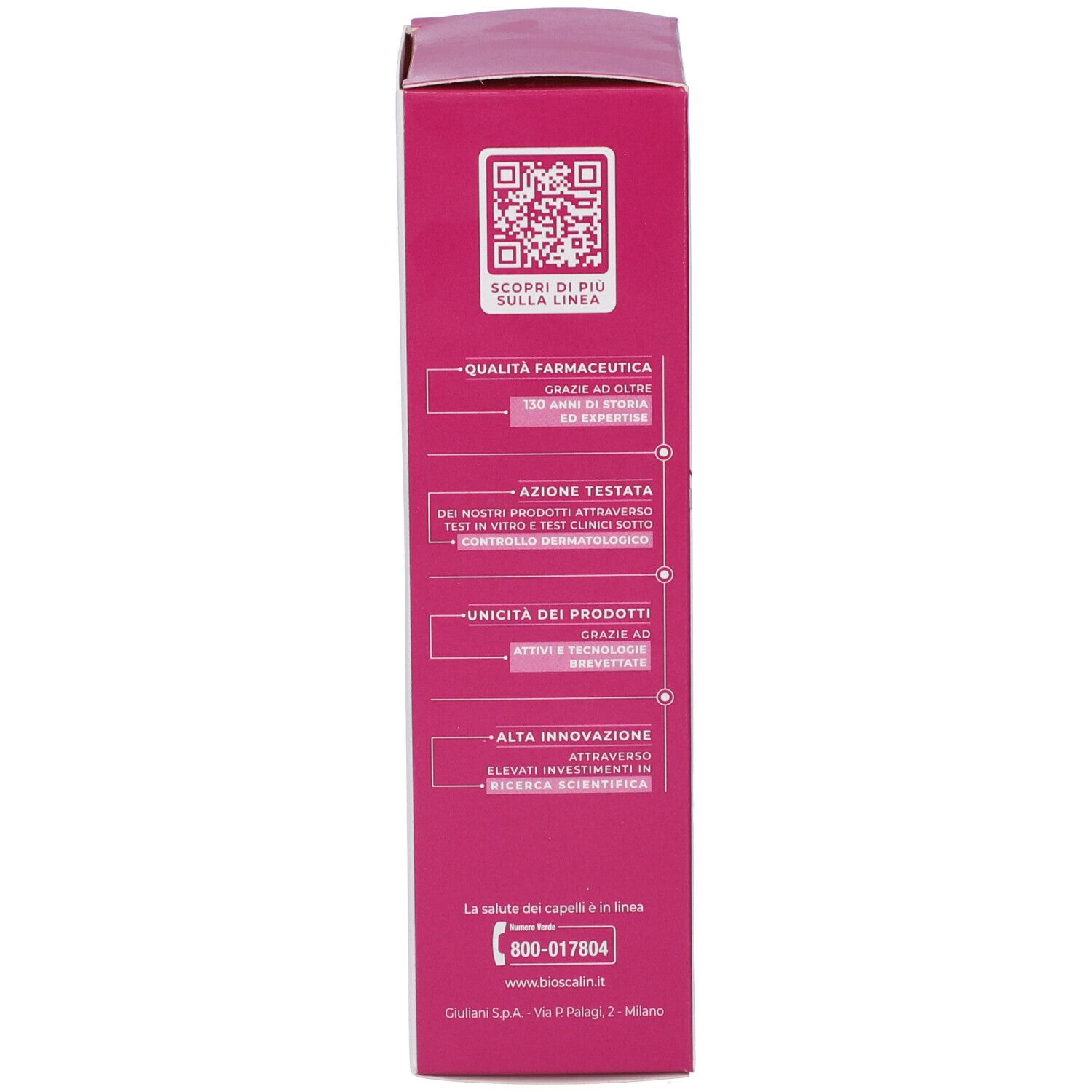 Lato della confezione di shampoo Bioscalin Menopausa. Testo: caratteristiche di qualità, vantaggi, innovazione.