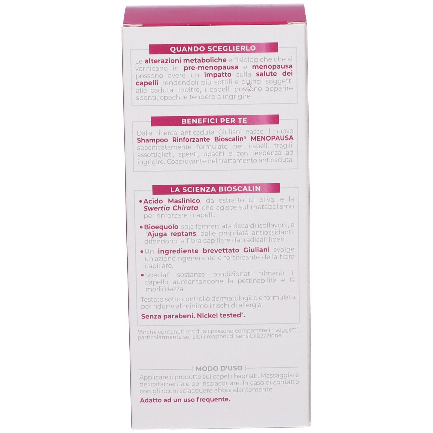 Lato della confezione di shampoo Bioscalin Menopausa. Testo: benefici, scienza, modo d'uso.