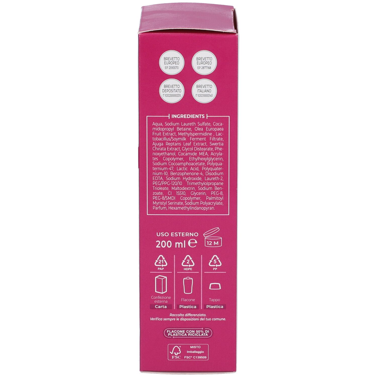 Retro della confezione di shampoo Bioscalin Menopausa. Testo: ingredienti, simboli di riciclaggio, 200 ml.