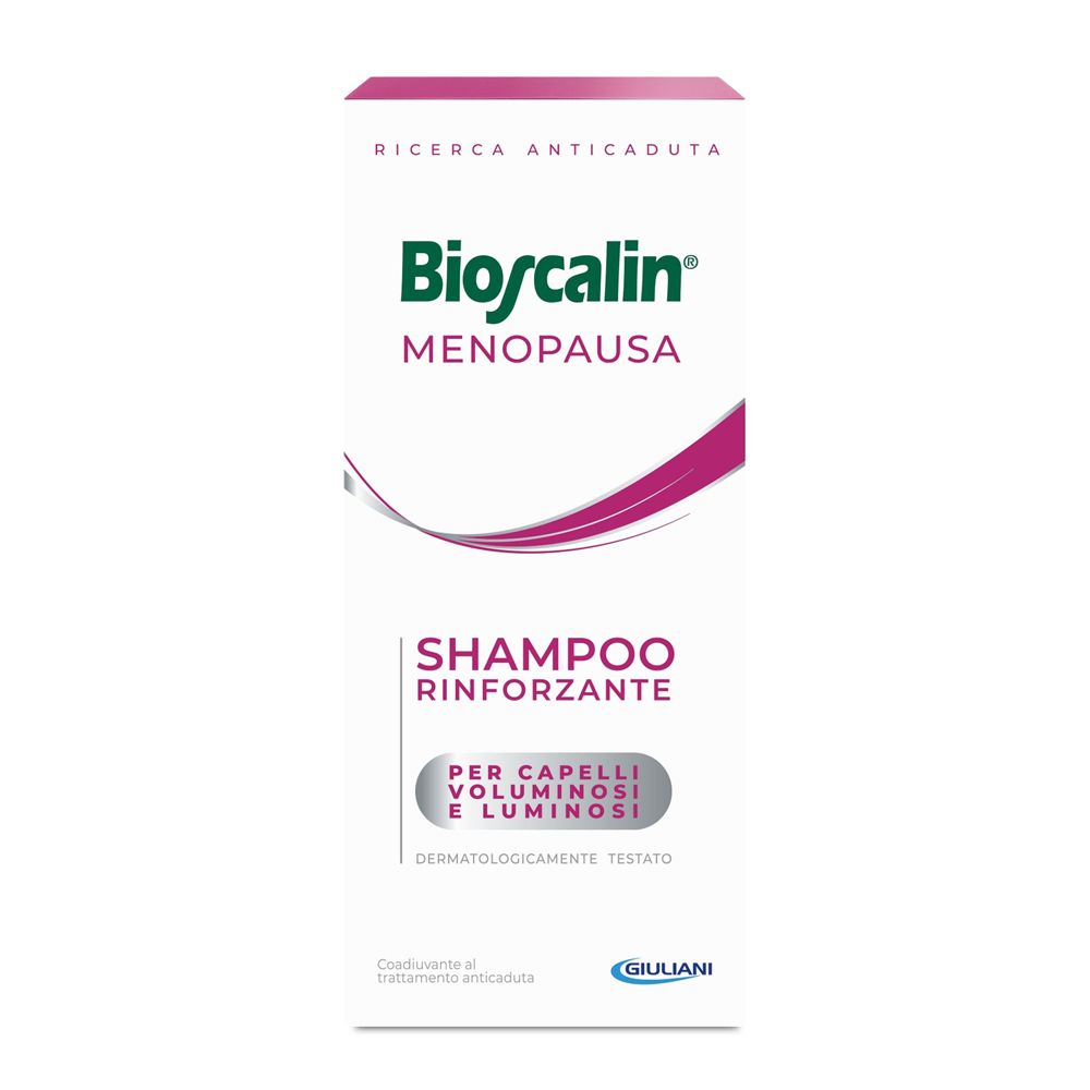 Confezione di shampoo Bioscalin Menopausa. Sfondo bianco con accenti rosa e verdi. Testo: Shampoo Rinforzante.