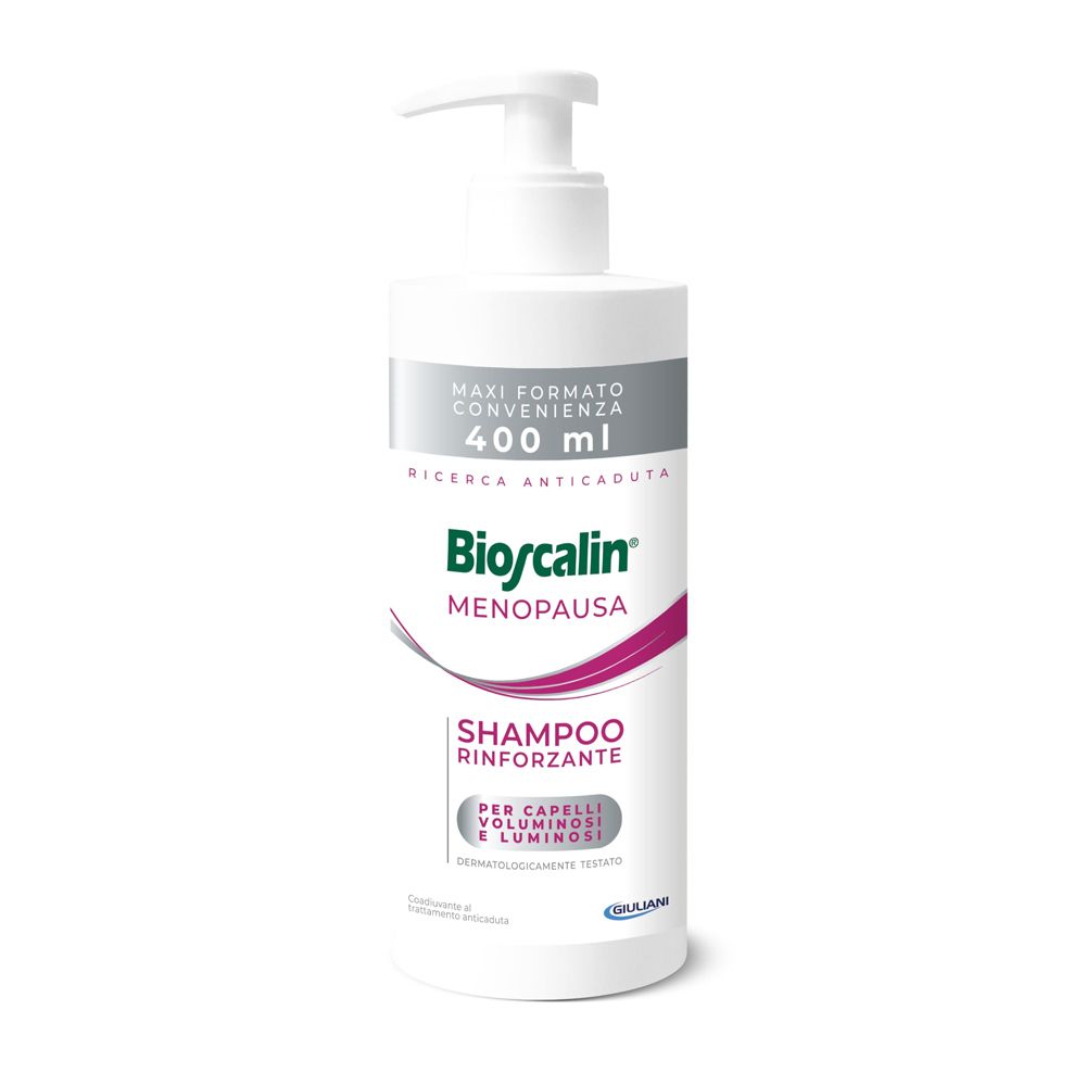 Flacone di shampoo bianco con dosatore. Scritta: Bioscalin Menopausa, Shampoo Rinforzante. 400 ml.