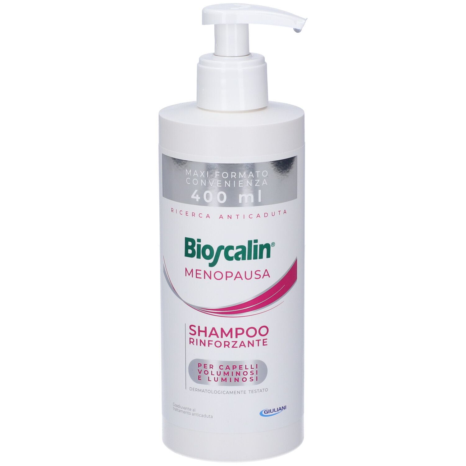 Flacone di shampoo bianco con dosatore. Scritta: Bioscalin Menopausa, Shampoo Rinforzante. 400 ml.