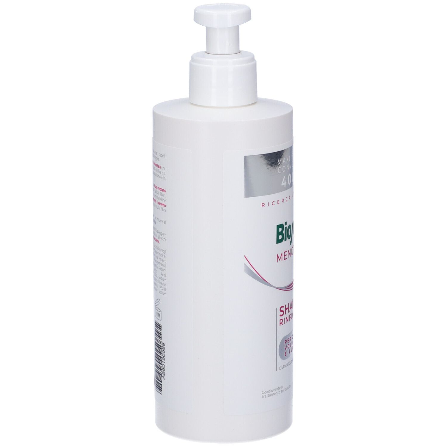 Flacone di shampoo bianco con dosatore. Scritta: Bioscalin Menopausa, Shampoo Rinforzante. 400 ml.