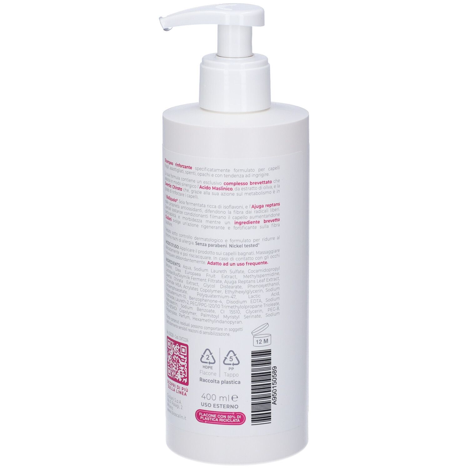 Flacone di shampoo bianco con dosatore. Scritta: Bioscalin Menopausa, Shampoo Rinforzante. 400 ml. Retro con testo.