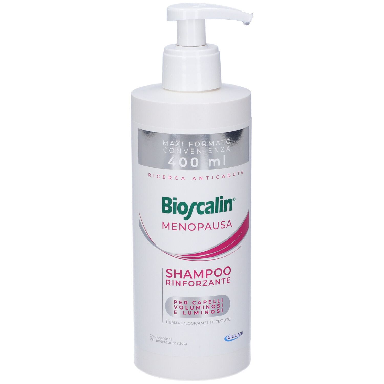 Flacone di shampoo bianco con dosatore. Scritta: Bioscalin Menopausa, Shampoo Rinforzante. 400 ml.