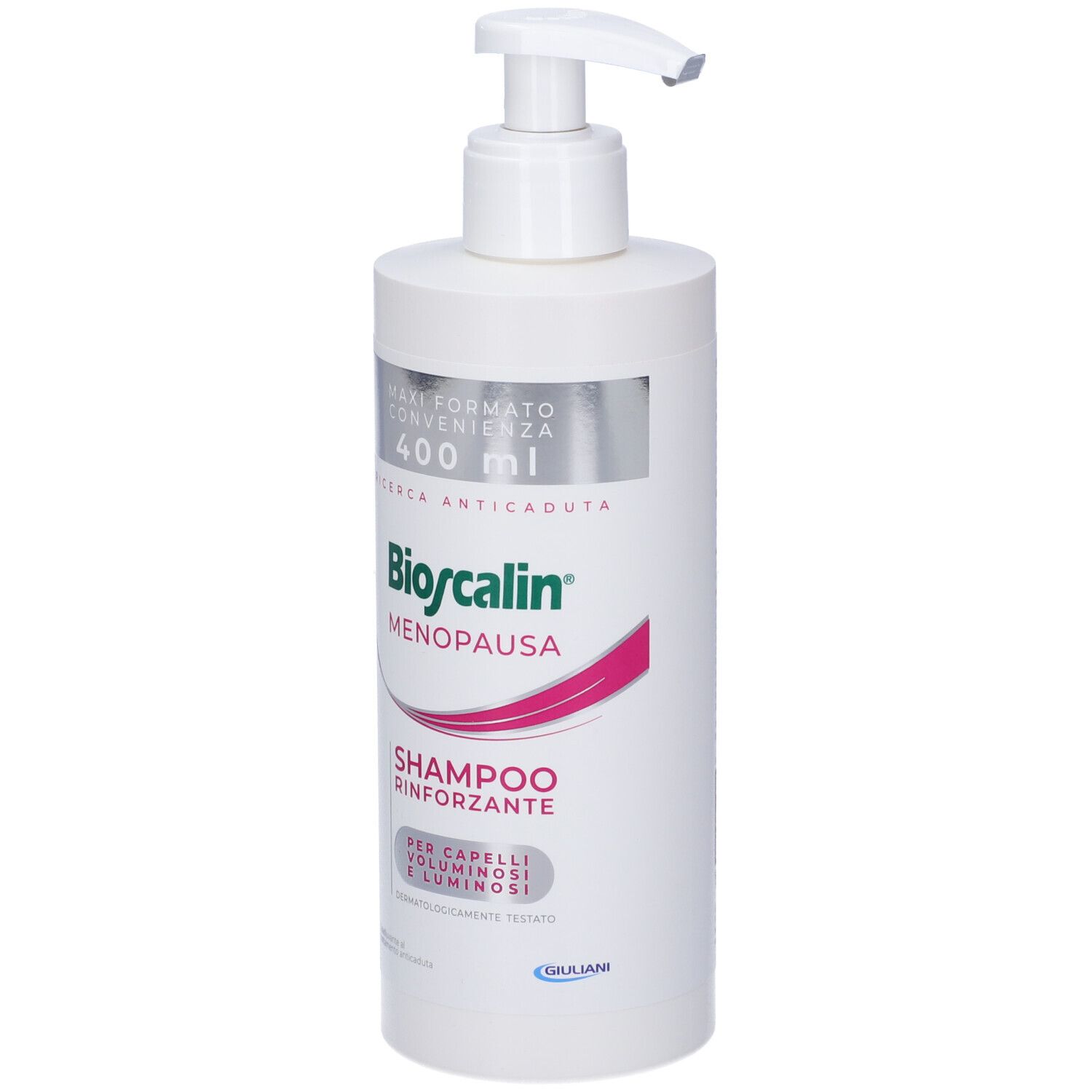 Flacone di shampoo bianco con dosatore. Scritta: Bioscalin Menopausa, Shampoo Rinforzante. 400 ml.