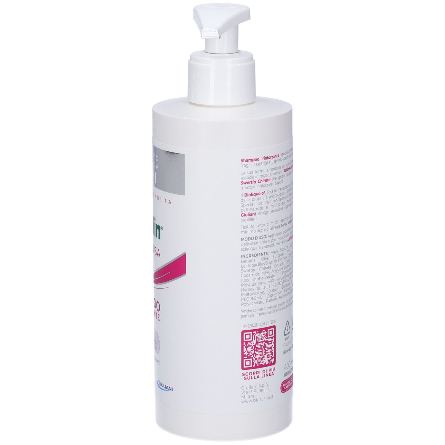 Flacone di shampoo bianco con dosatore. Scritta: Bioscalin Menopausa, Shampoo Rinforzante. 400 ml. Retro con testo.
