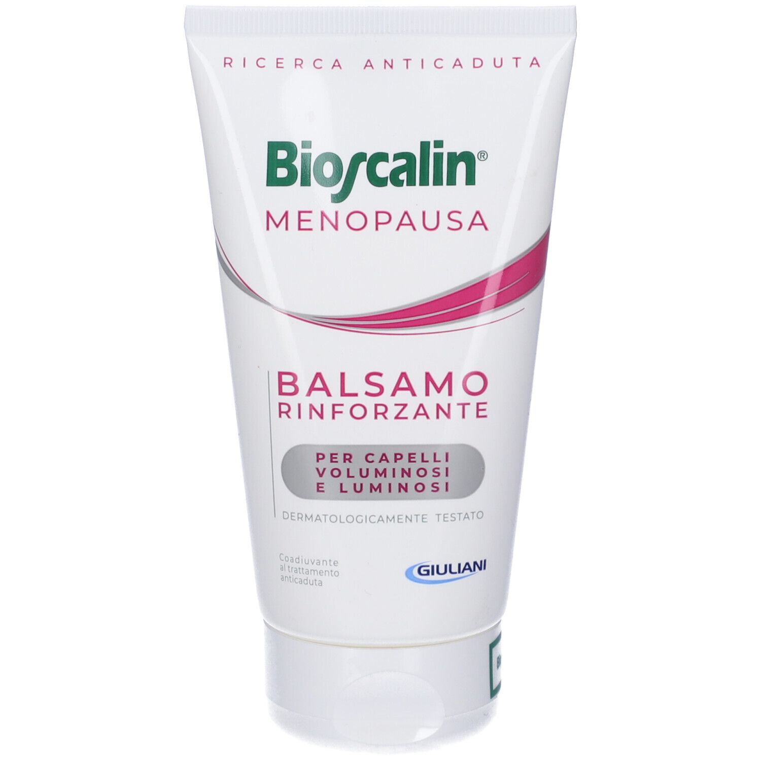 Tubo di Bioscalin Menopausa Balsamo. Testo: Balsamo Rinforzante, Per capelli voluminosi e luminosi. Dermatologicamente testato. Giuliani.