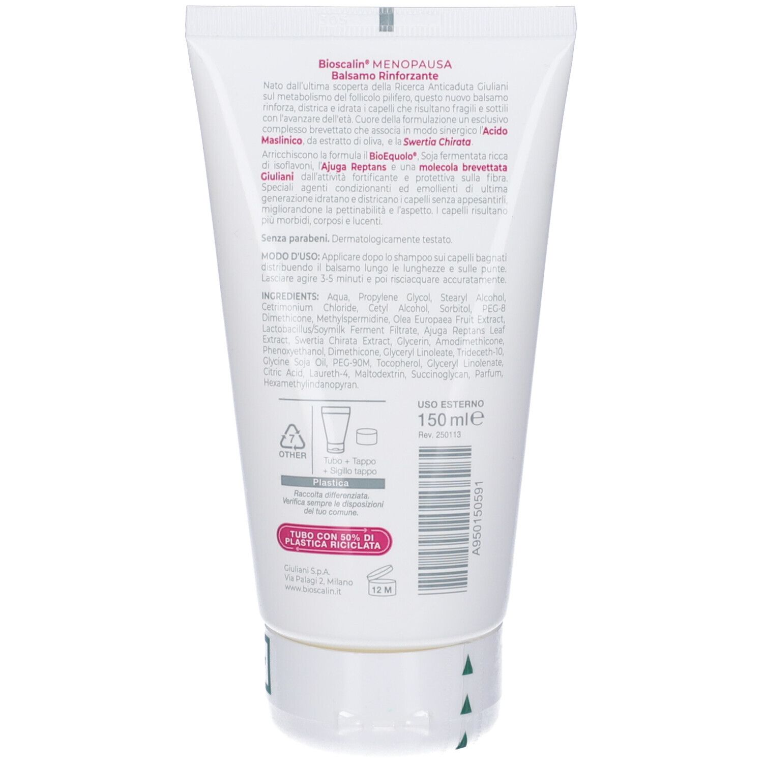 Retro del tubo Bioscalin Menopausa Balsamo. Testo: Ingredienti, istruzioni per l'uso, 150 ml. Giuliani.