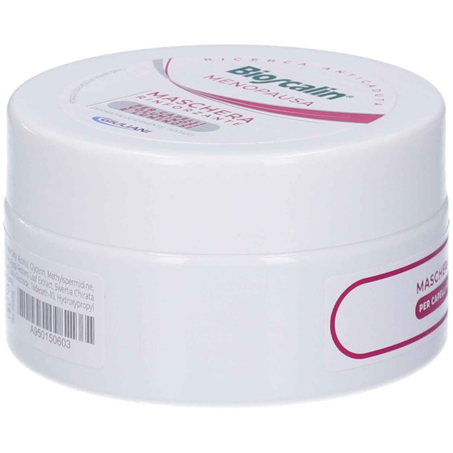 Vaso bianco con coperchio. Sul coperchio, "Bioscalin Menopausa". Sull'etichetta, "Maschera Rinforzante".