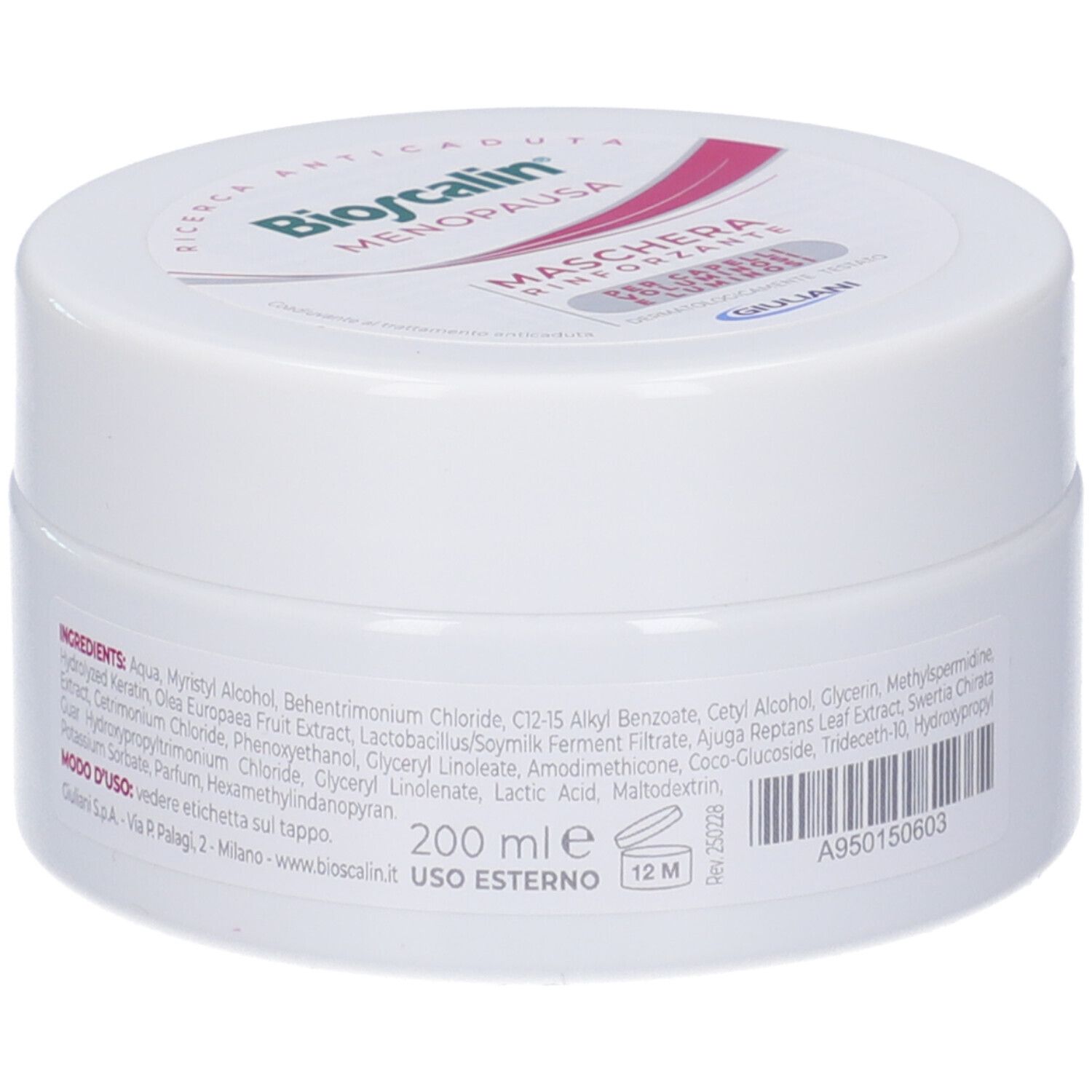 Vaso bianco con coperchio. Sul coperchio, "Bioscalin Menopausa". Sull'etichetta, "Maschera Rinforzante".
