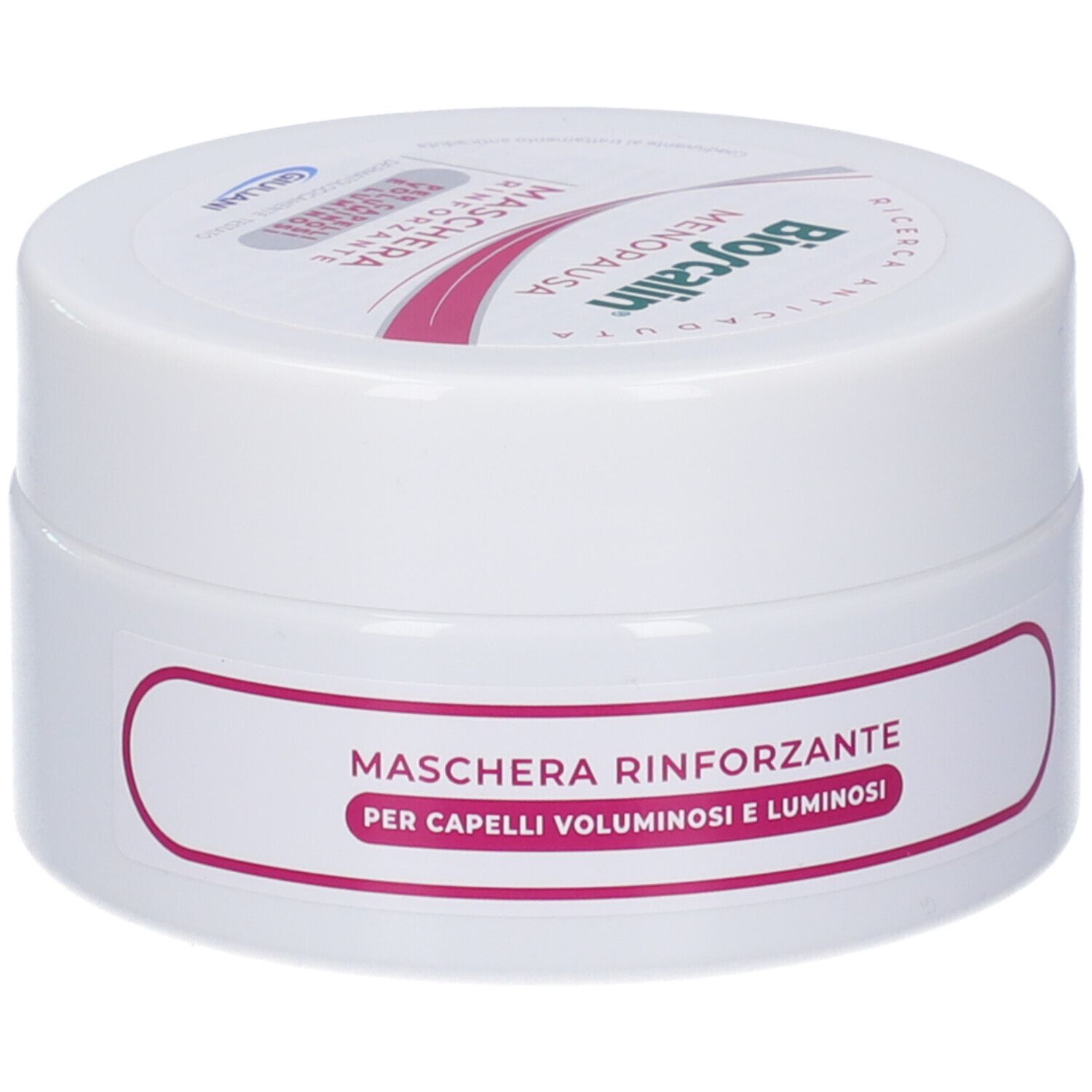 Vaso bianco con coperchio. Sul coperchio, "Bioscalin Menopausa". Sull'etichetta, "Maschera Rinforzante".