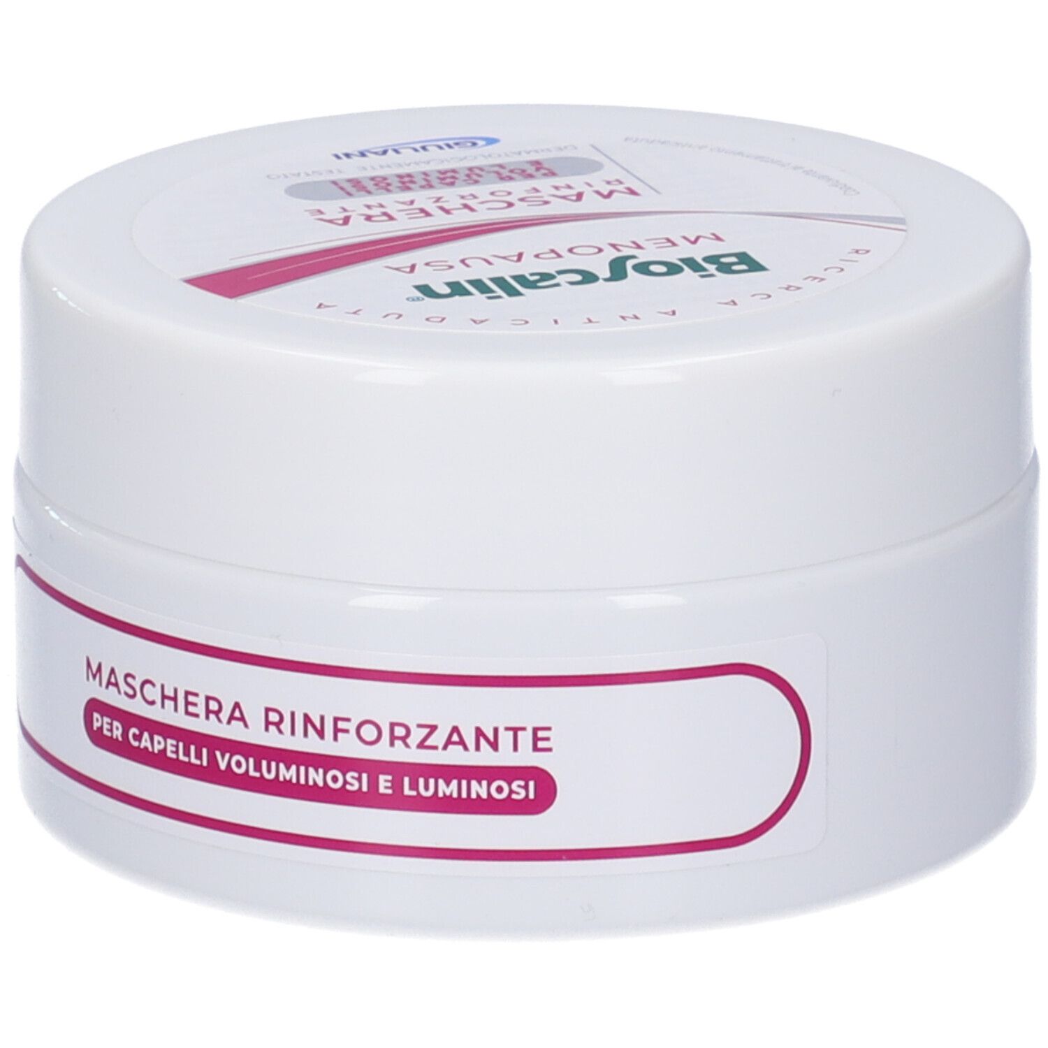 Vaso bianco con coperchio. Sul coperchio, "Bioscalin Menopausa". Sull'etichetta, "Maschera Rinforzante".