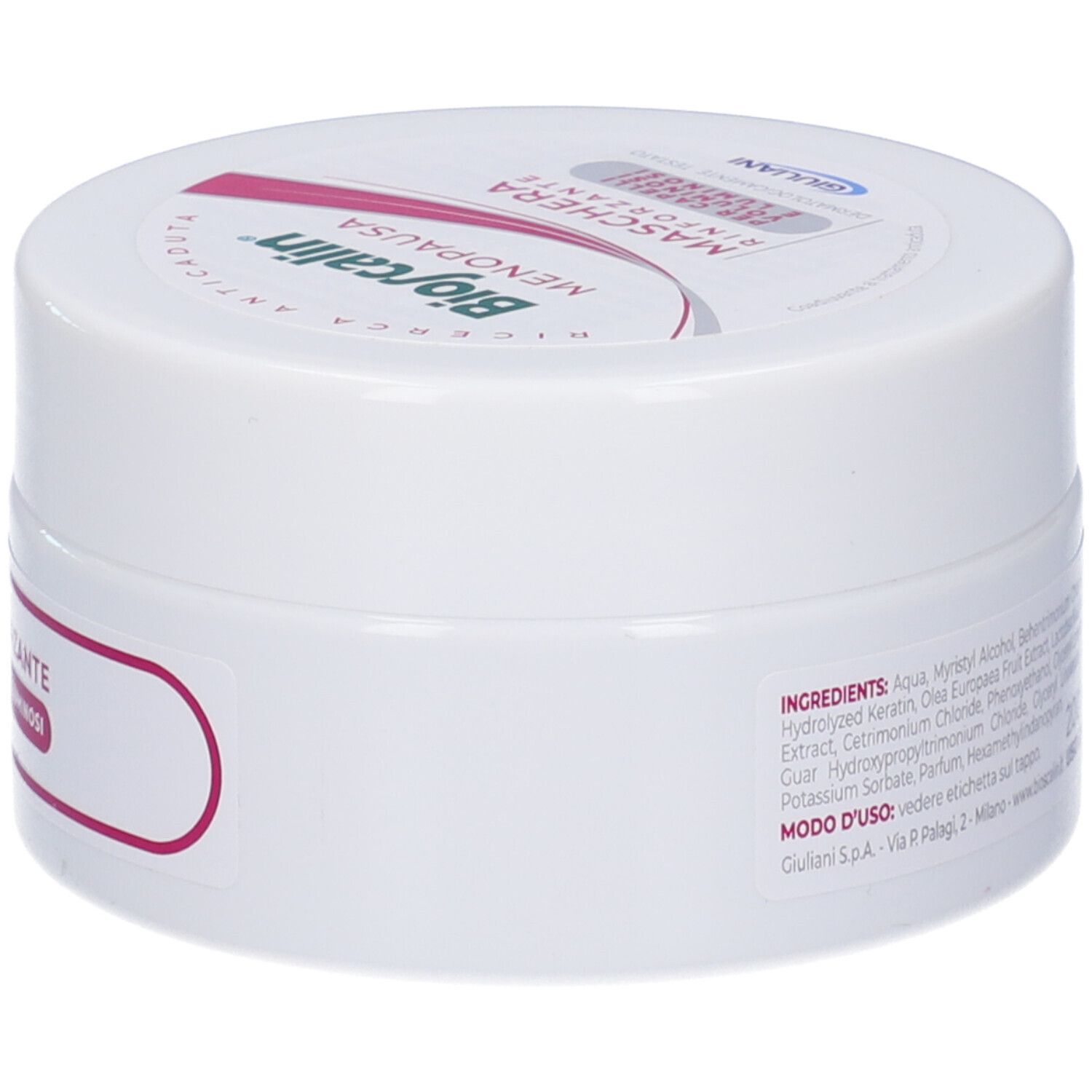 Vaso bianco con coperchio. Sul coperchio, "Bioscalin Menopausa". Sull'etichetta, "Maschera Rinforzante".