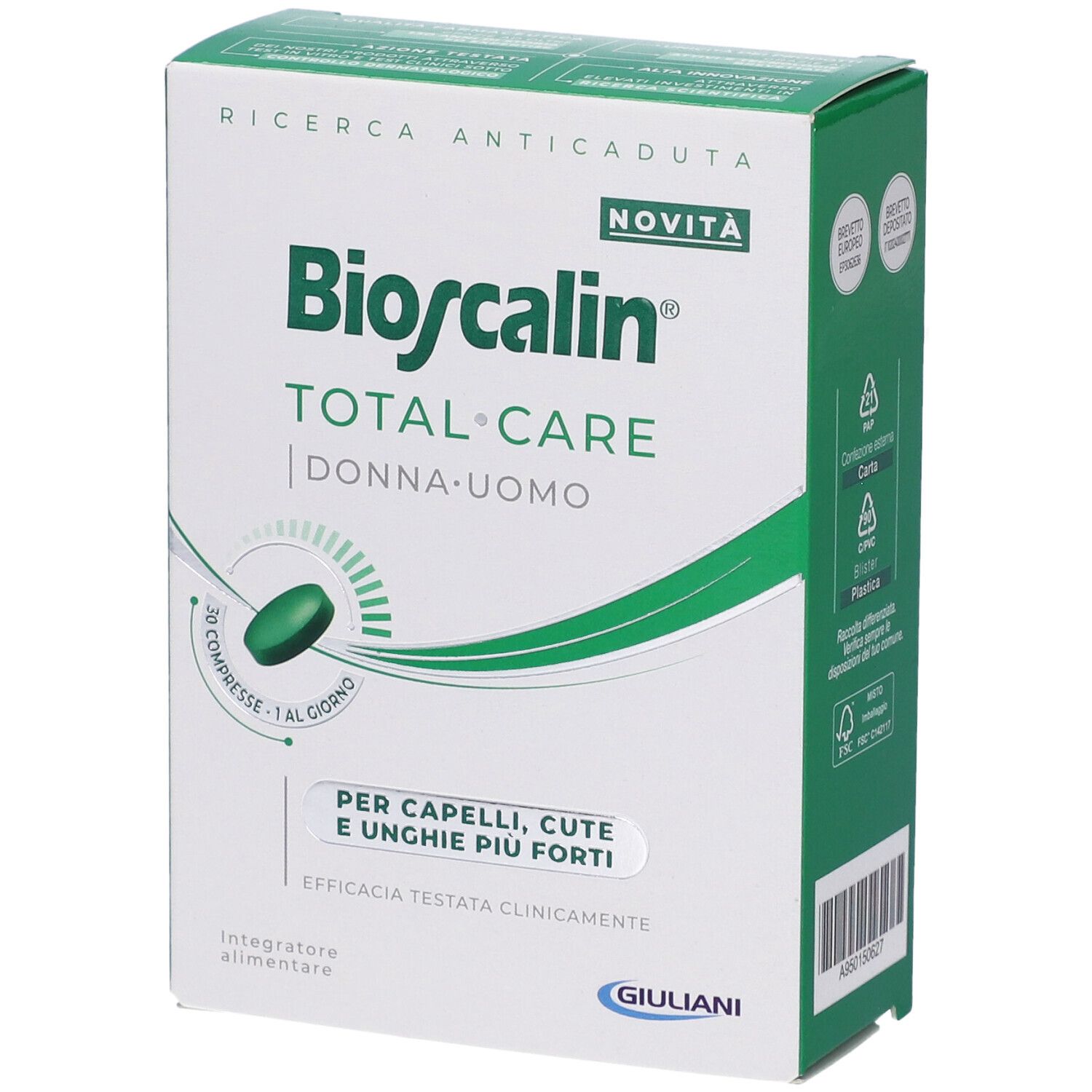 Confezione Bioscalin Total Care, leggermente angolata. Scatola bianca e verde con nome del prodotto e compressa verde. Per capelli, pelle e unghie.