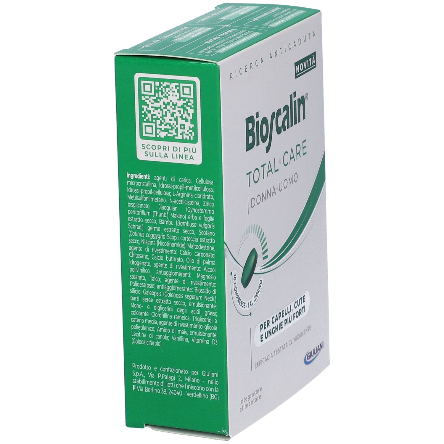 Confezione Bioscalin Total Care, angolata. Sulla confezione sono presenti ingredienti e codice QR. Bianco e verde.