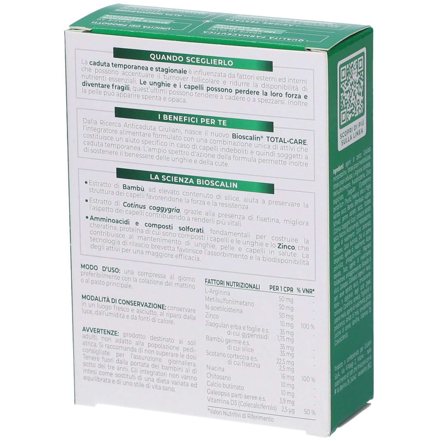 Retro della confezione Bioscalin Total Care, angolato. Testo su ingredienti, uso e informazioni nutrizionali. Sfondo bianco.