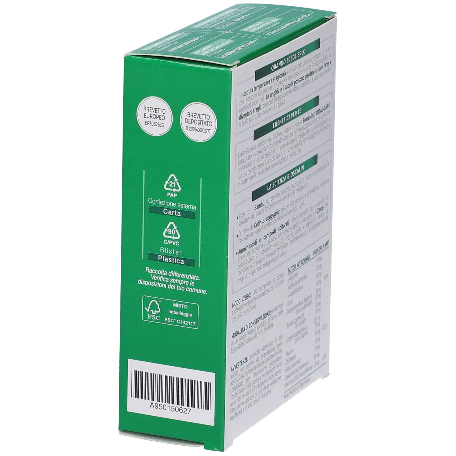 Lato della confezione Bioscalin Total Care. Materiali di imballaggio e informazioni sul riciclaggio. Sfondo bianco.