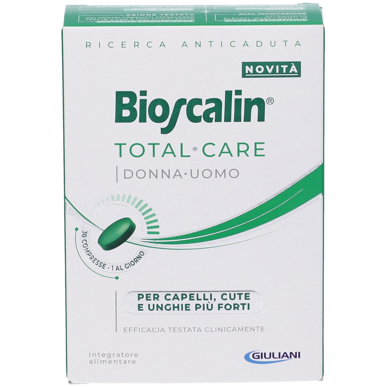 Confezione Bioscalin Total Care. Scatola bianca e verde con nome del prodotto e compressa verde. Per capelli, pelle e unghie.
