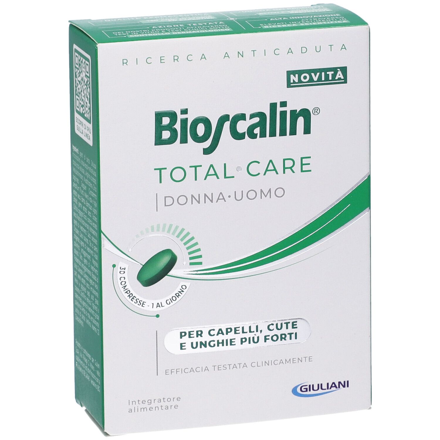 Confezione Bioscalin Total Care. Scatola bianca e verde con nome del prodotto e compressa verde. Per capelli, pelle e unghie.