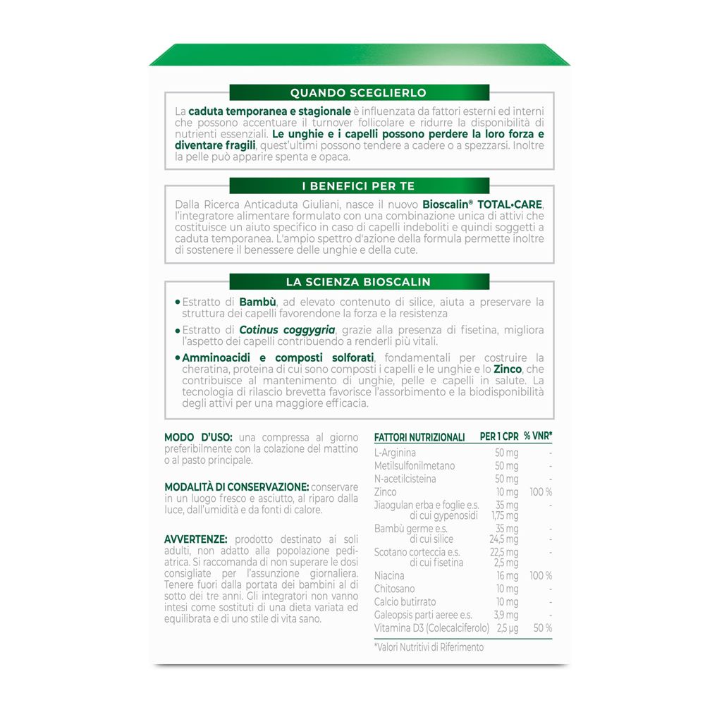 Retro della confezione Bioscalin Total Care. Testo su ingredienti, uso e informazioni nutrizionali. Sfondo bianco.
