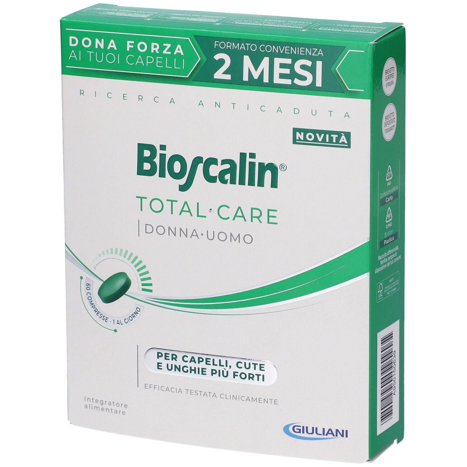 Confezione di Bioscalin Total Care. Contiene 60 compresse. Testo: Dona Forza ai tuoi capelli, 2 mesi, Ricerca anticaduta, Donna-Uomo. Logo Giuliani.