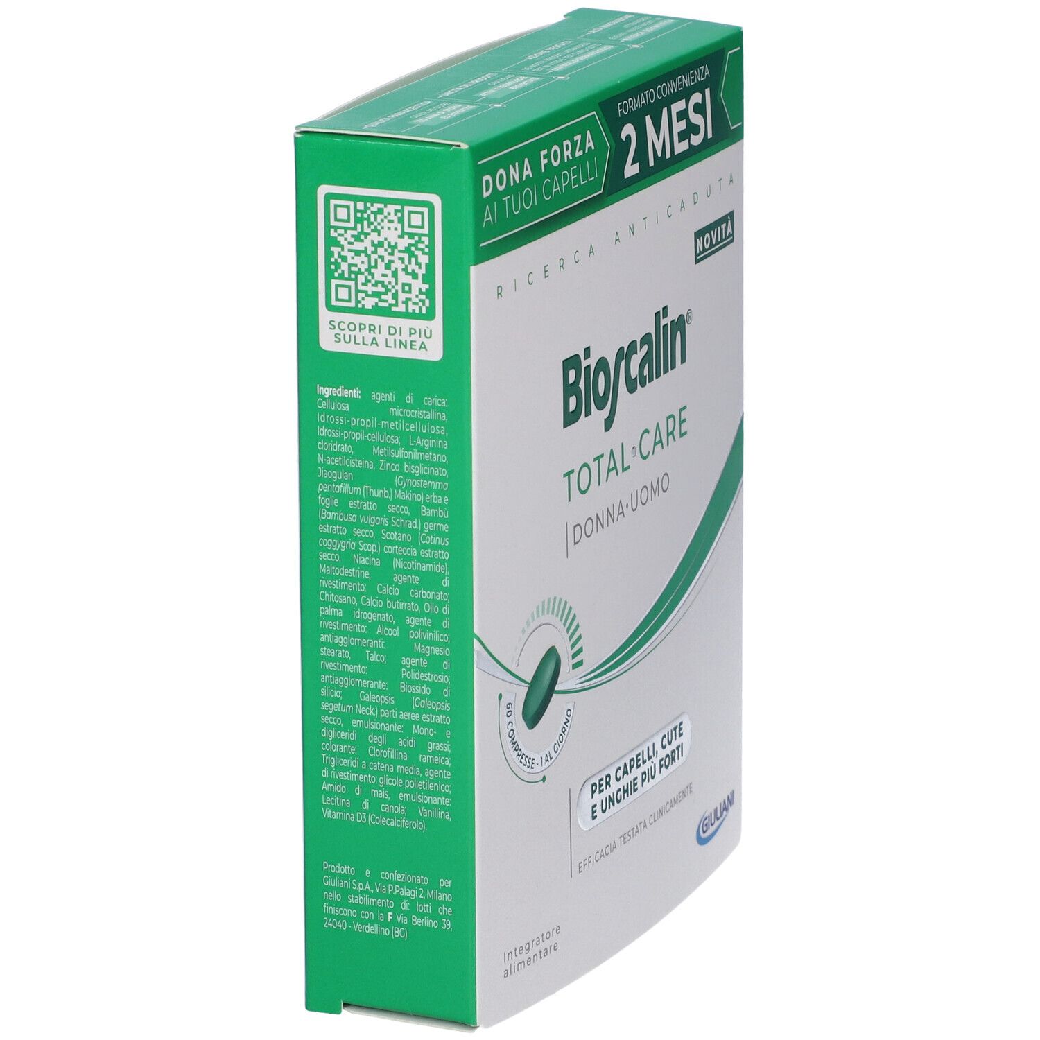 Confezione di Bioscalin Total Care. Contiene 60 compresse. Testo: Dona Forza ai tuoi capelli, 2 mesi, Ricerca anticaduta, Donna-Uomo. Logo Giuliani. QR code.